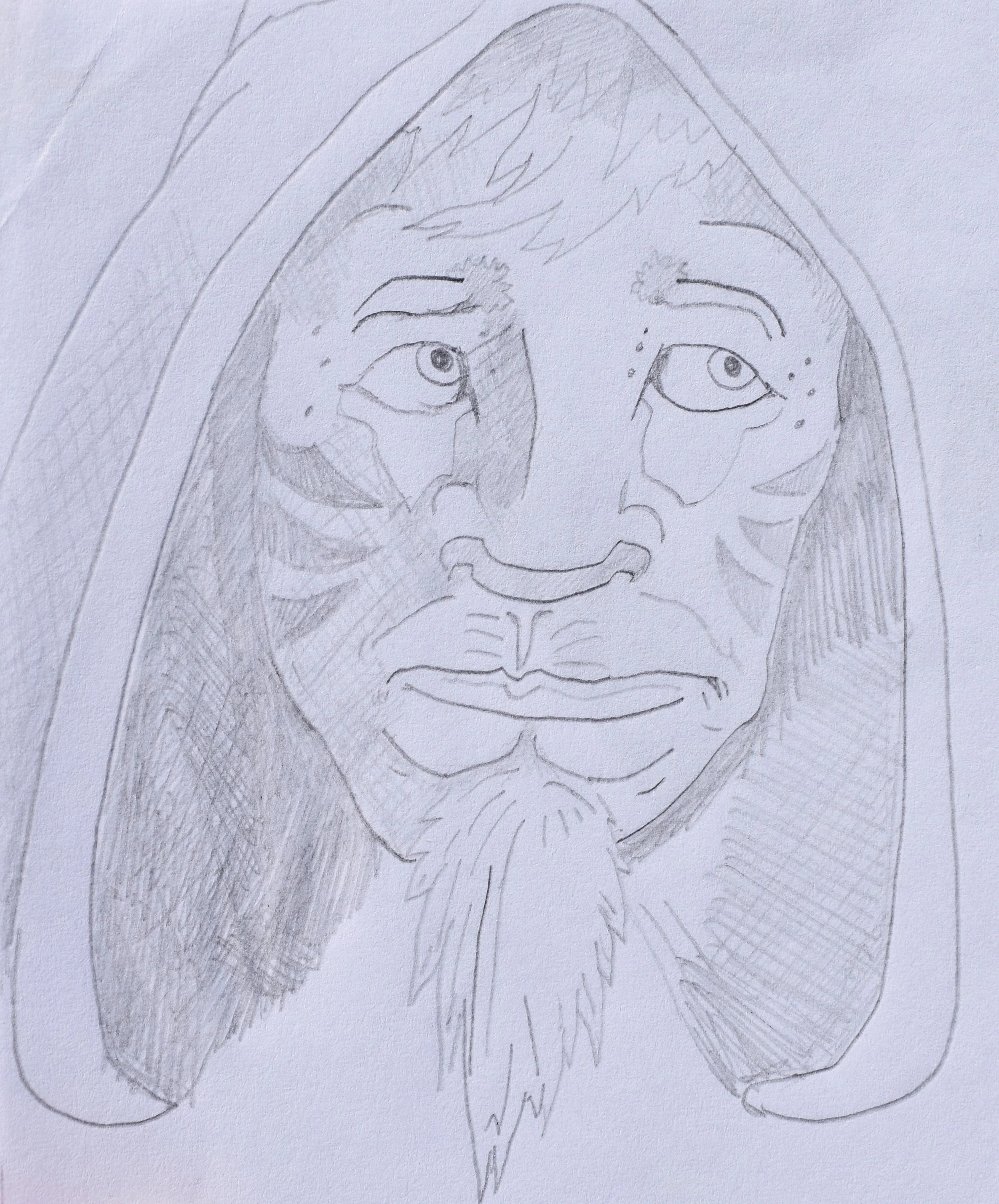 Sketch of a person's face with long hair and a beard, with a hood or cloak around their head.