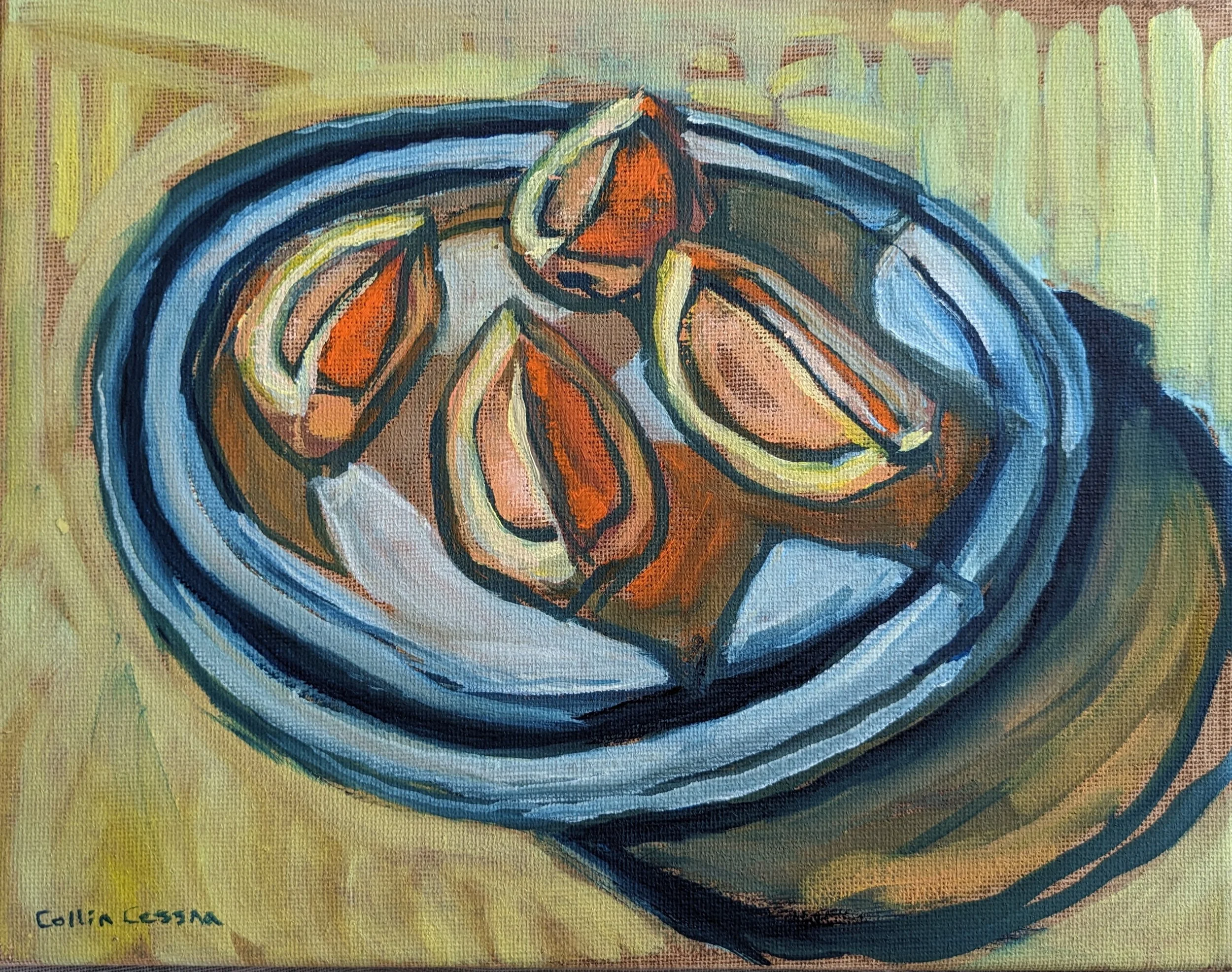 A colorful still life painting of lemon wedges on a white plate, bordered with blue and black, placed on a textured yellow surface.
