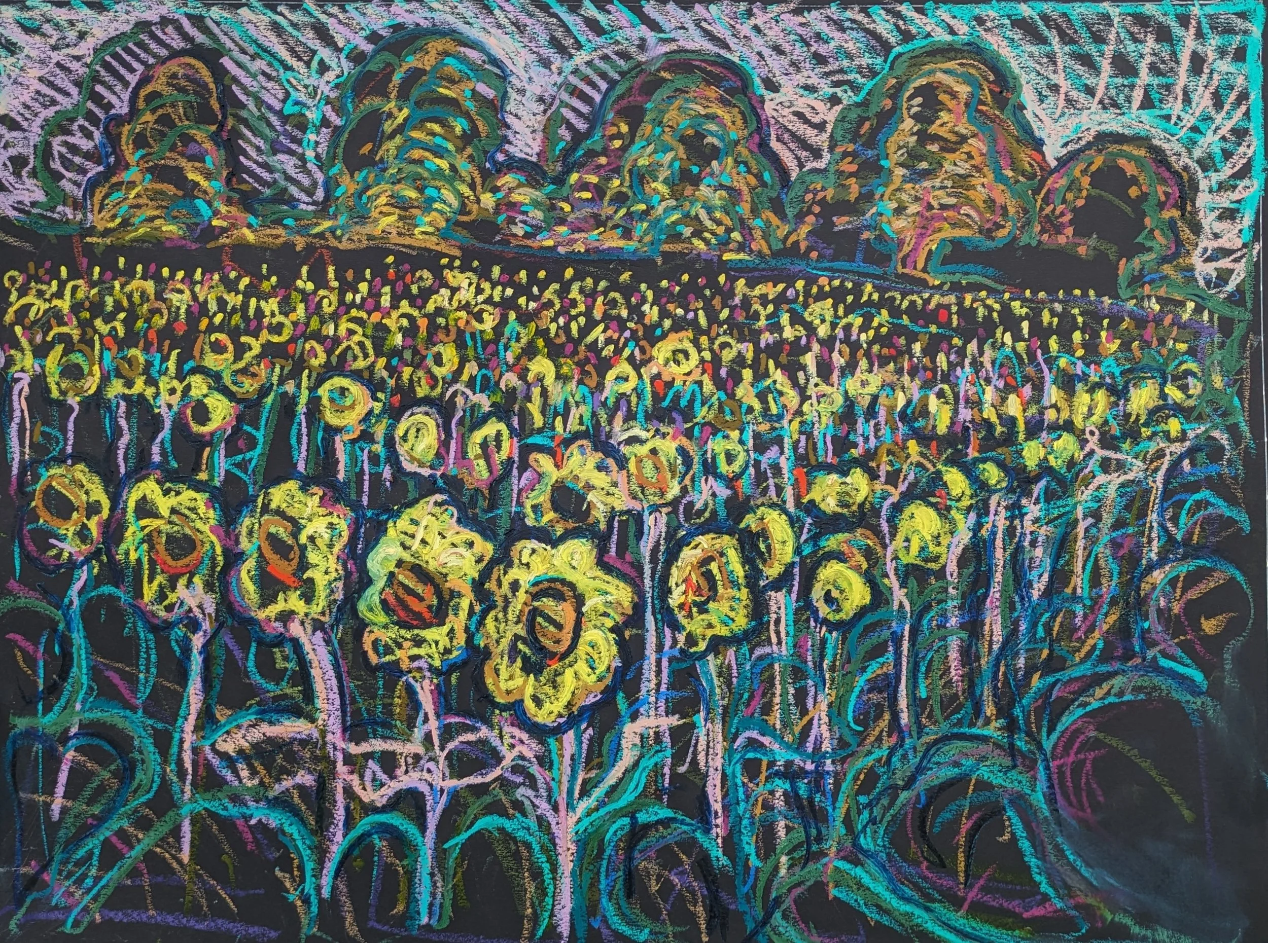 Colorful neon-style painting of a sunflower field with hills and trees in the background at night.