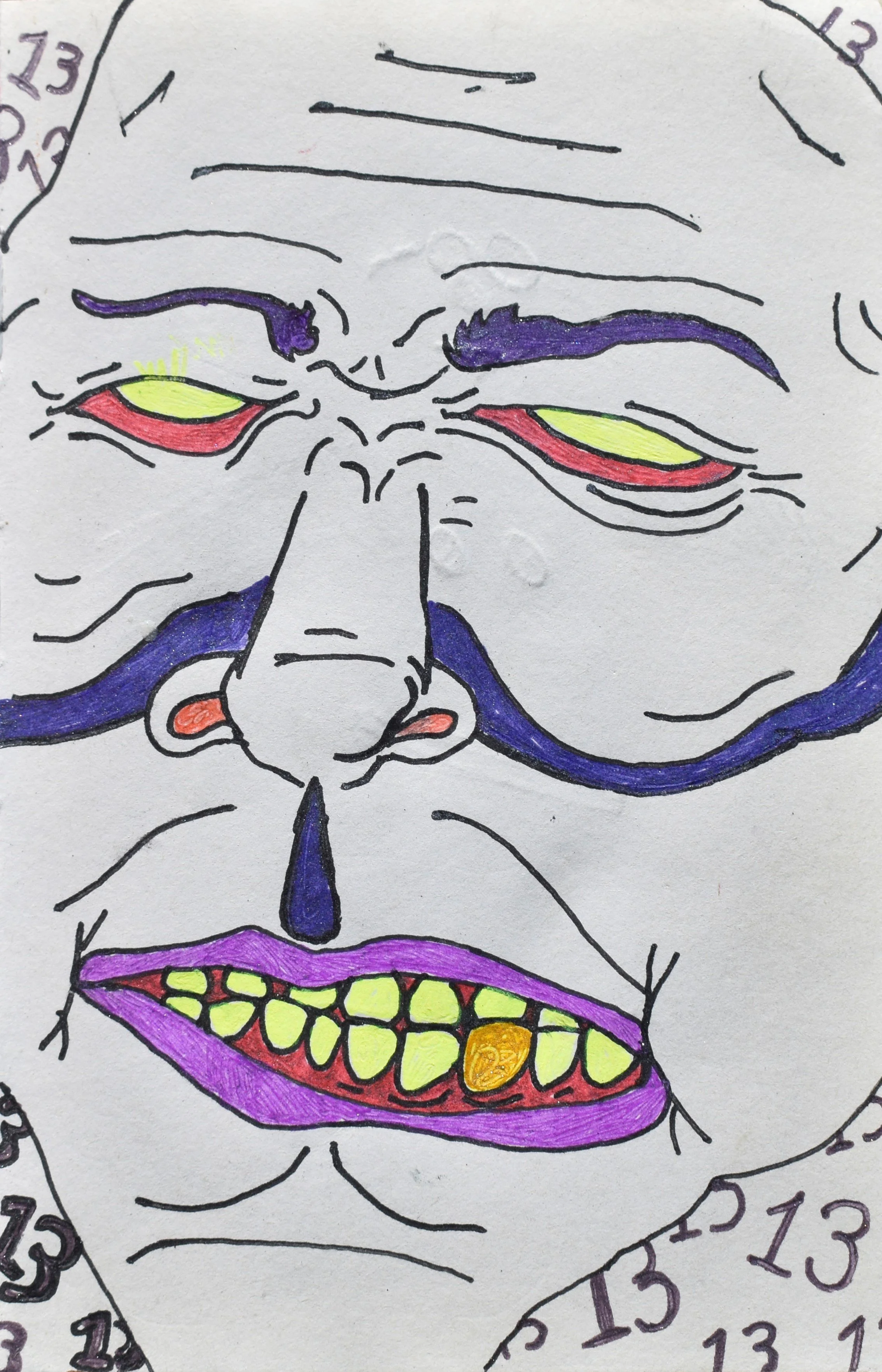 A colorful drawing of a clownish face with exaggerated features including yellow eyes with red and purple accents, purple eyebrows, purple mustache, purple and pink lips with yellow teeth, and a large nose outlined in black. The face has a distorted,