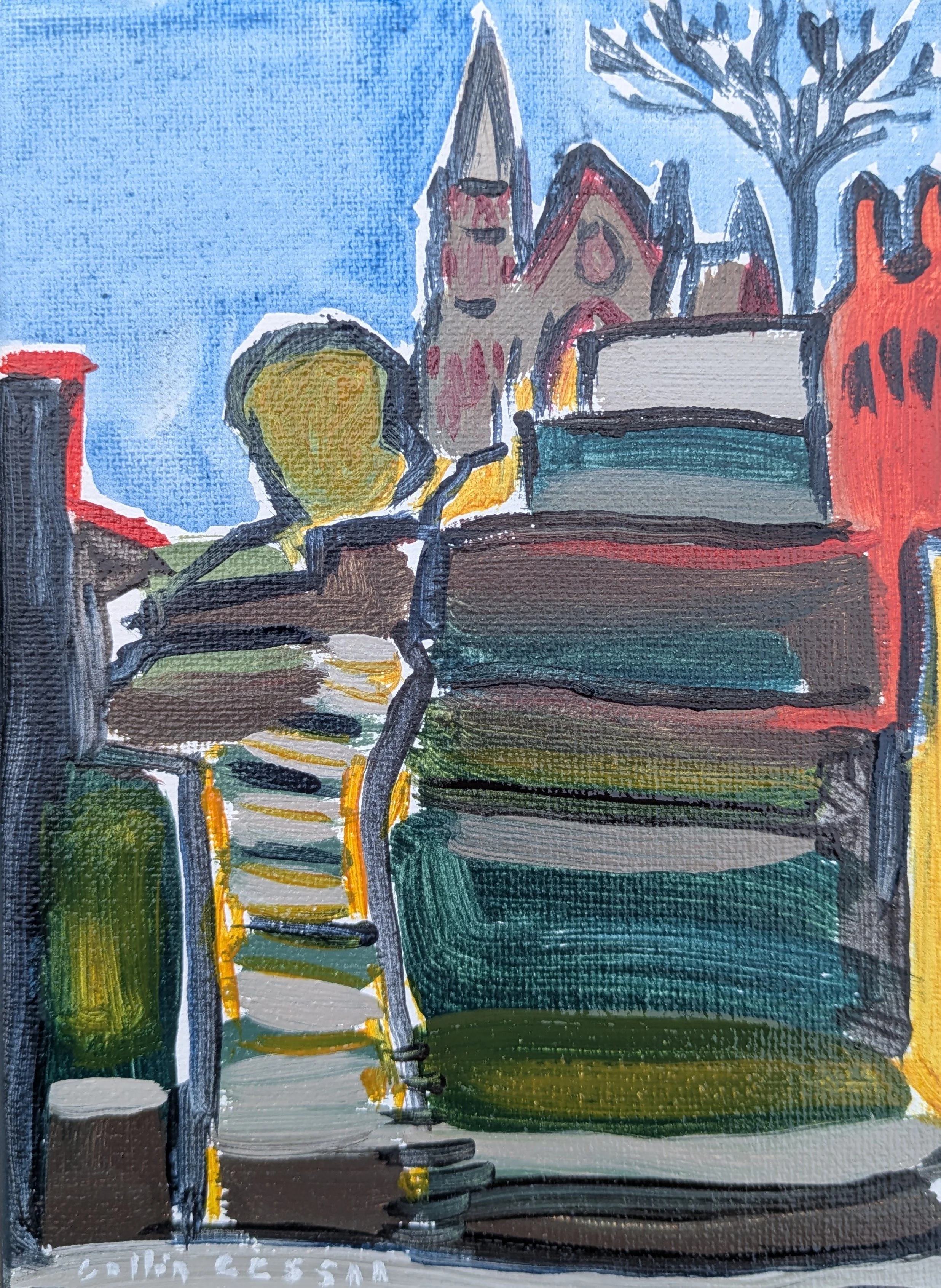 Watercolor painting of a street scene with a fence, trees, a church, a house, and a tree against a blue sky.