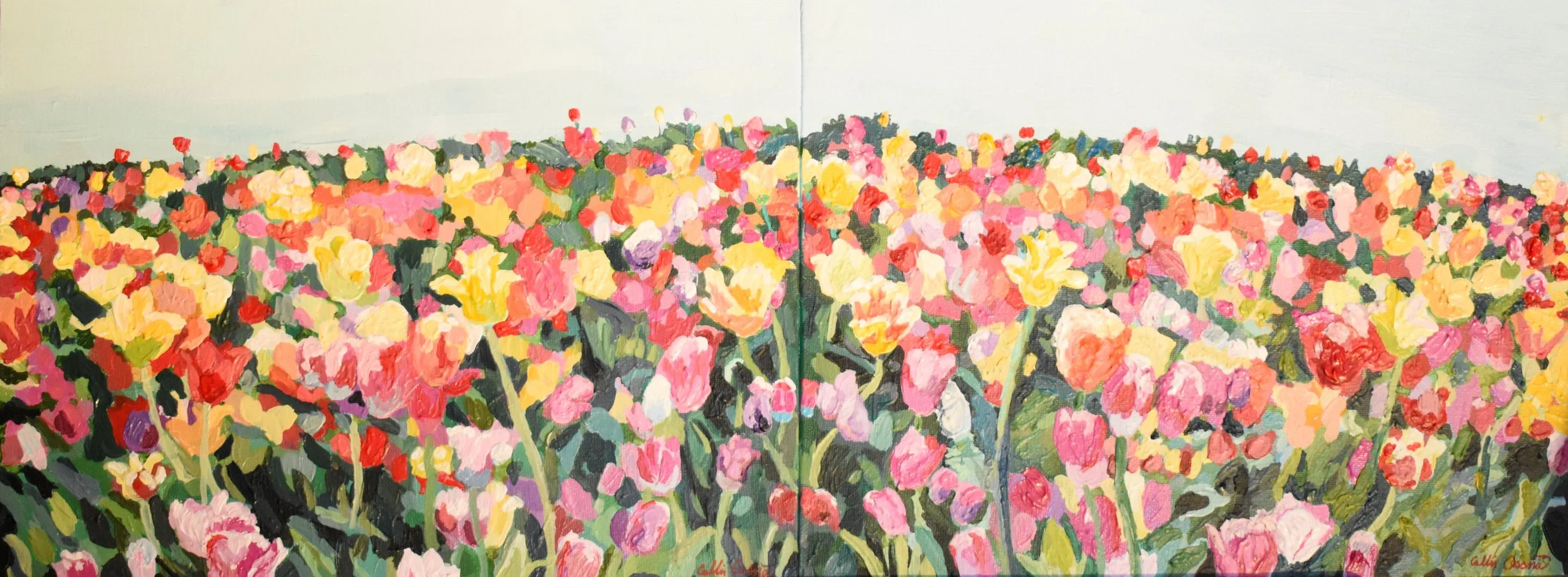 Painting of a vibrant field of multicolored flowers stretching to the horizon against a light sky.