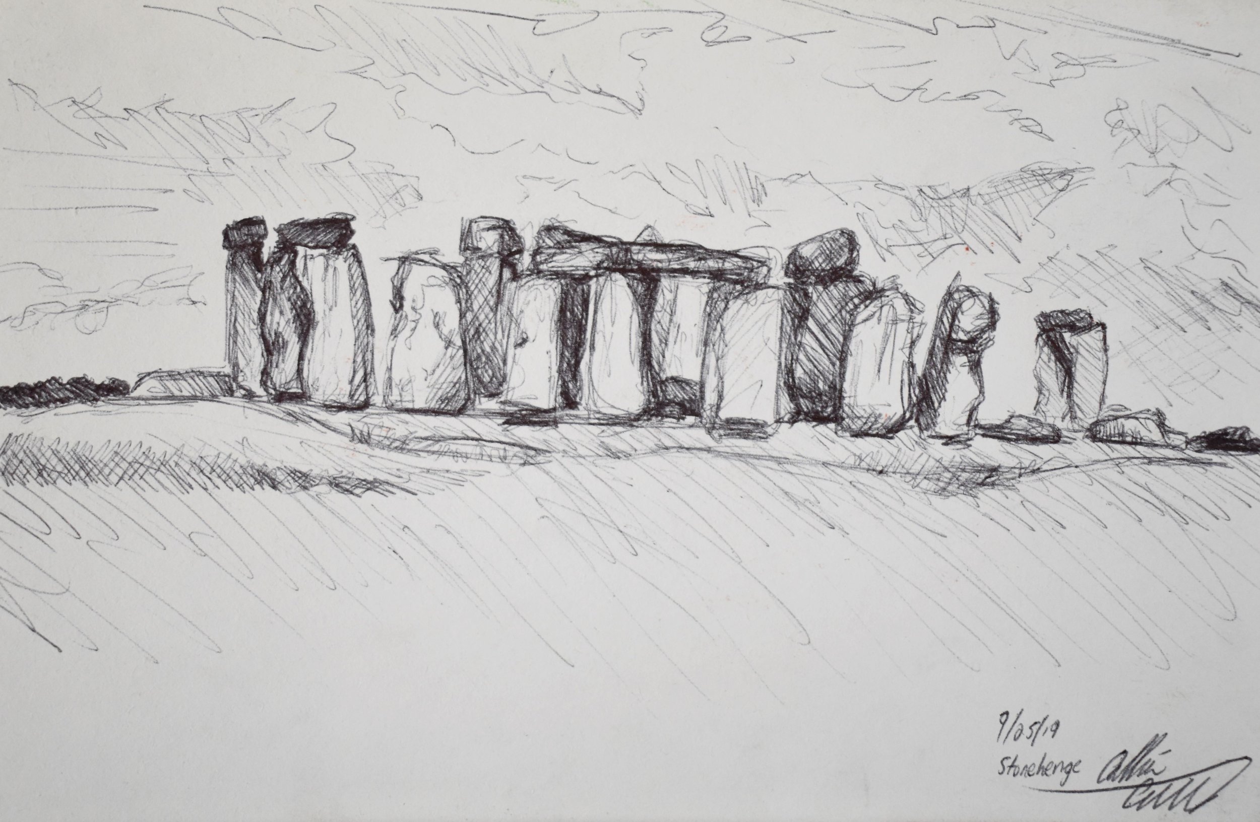 Sketch of Stonehenge with large upright stones arranged in a circle on a grassy landscape under cloudy sky, with some stones topped with horizontal lintels.