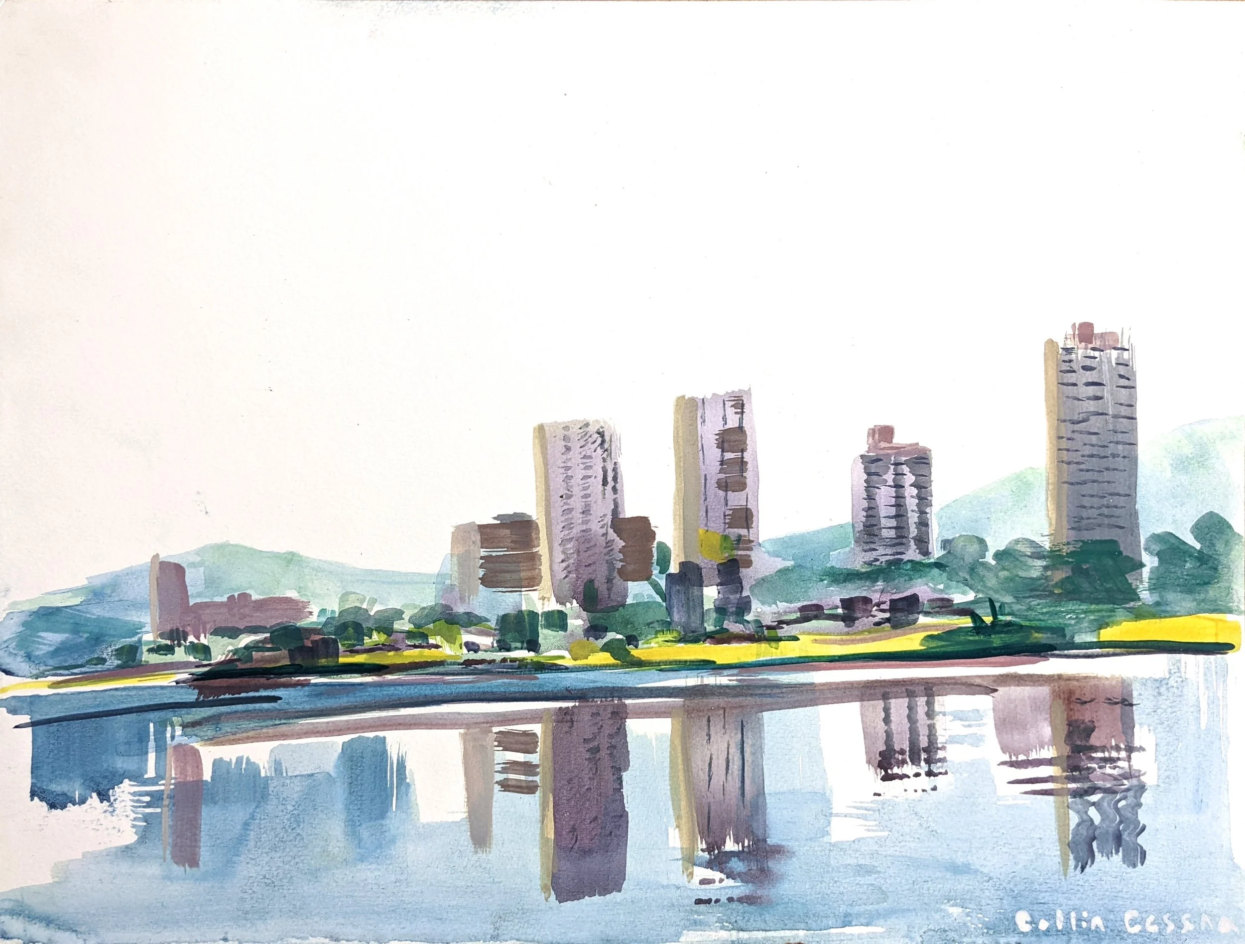 Watercolor painting of a city skyline reflected in a body of water, with tall buildings and greenery in the foreground.