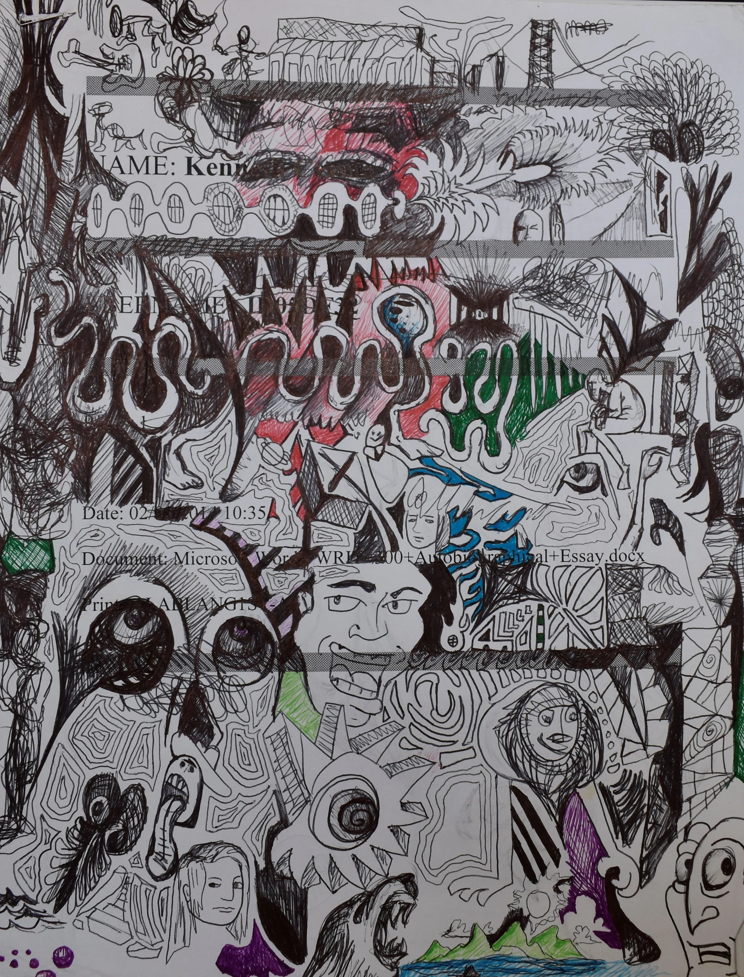 A chaotic, hand-drawn collage of various characters, faces, and abstract designs, with elements like a cat, faces, and different patterns and colors.