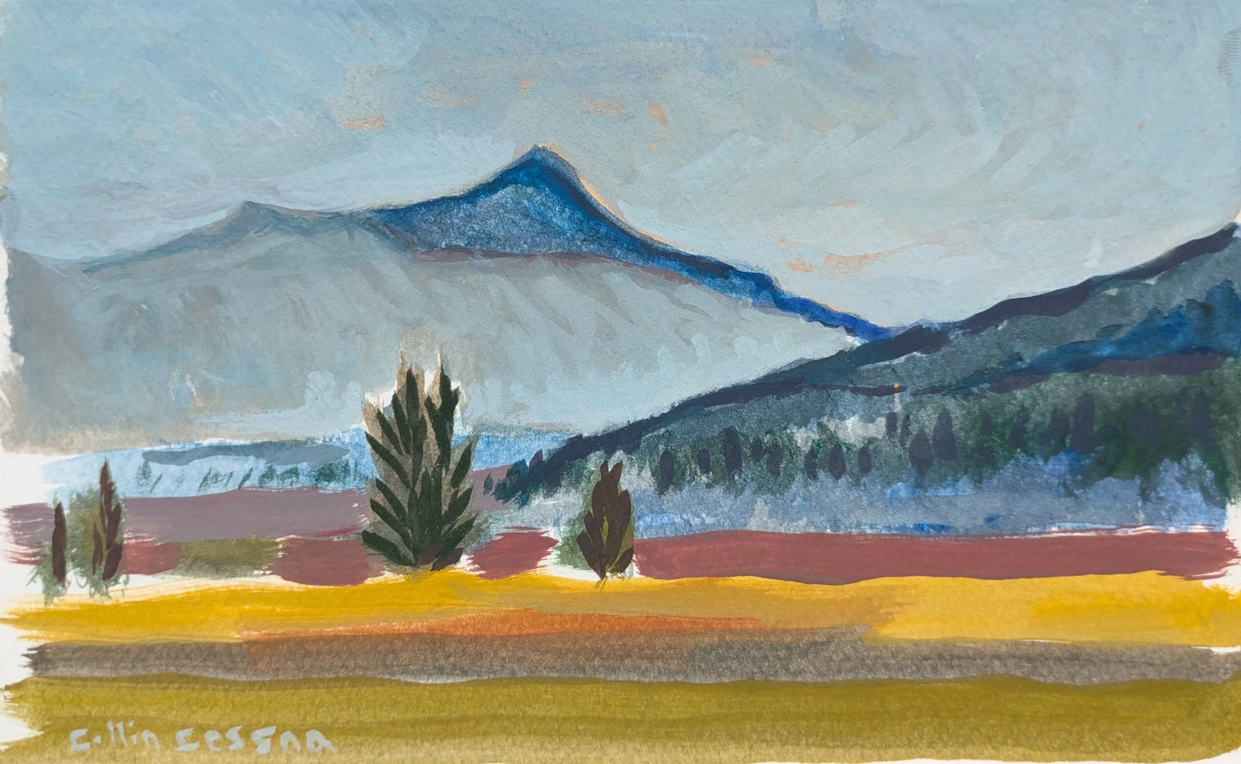 Wyoming sunrise original plein air painting Collin Cessna WY western US artwork mountains fog