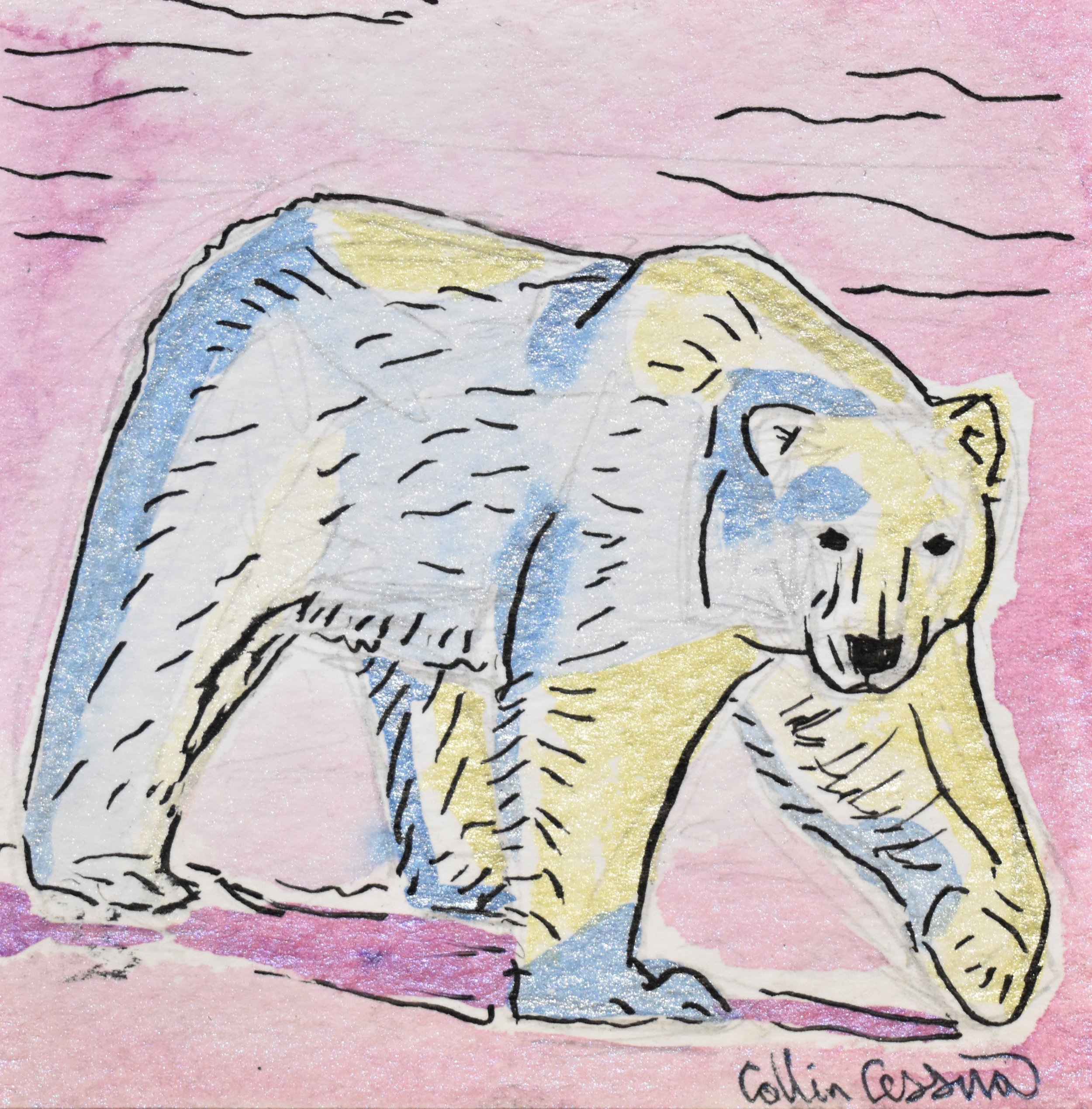 A colorful drawing of a standing bear with a pink background. The bear has light yellow, blue, and white shading, with black outline and details.