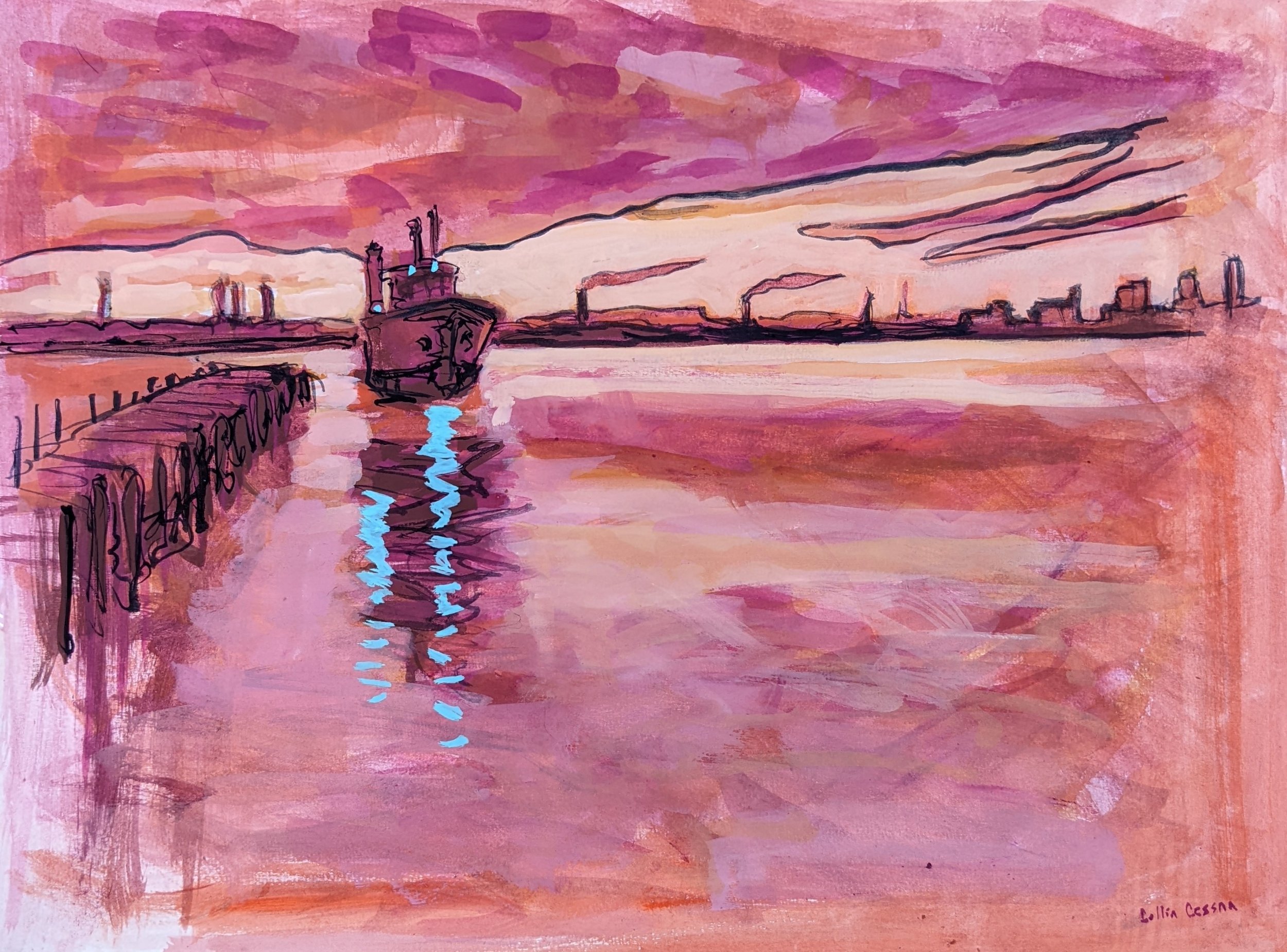 A watercolor painting of a harbor scene at sunset with pink and purple sky, reflecting on the water. A large cargo ship is docked on the left, emitting smoke from its stacks. Distant industrial buildings line the horizon.