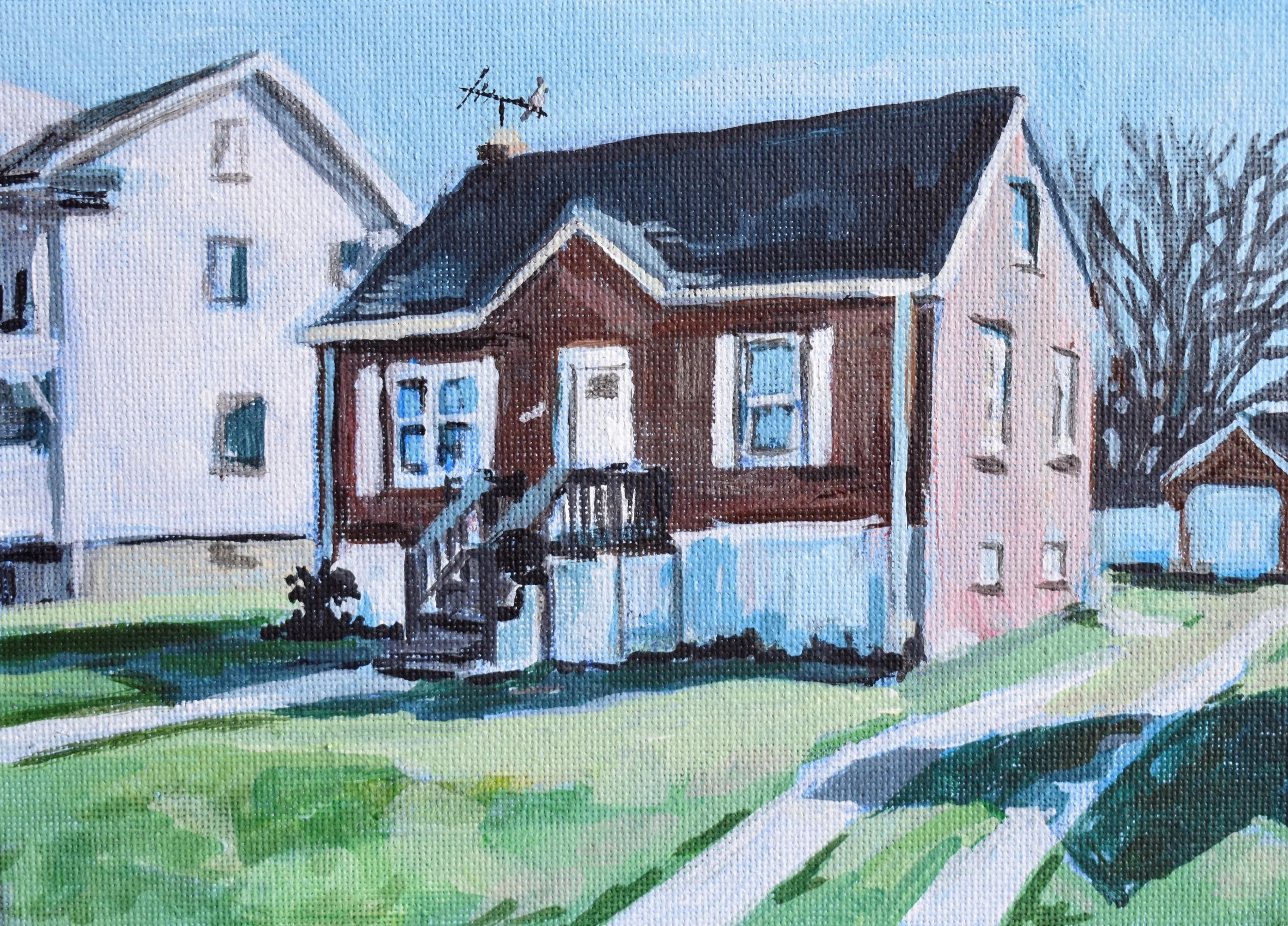 A painted picture of a front view of a two-story house with a staircase and front porch, with other houses and trees in the background under a clear sky.