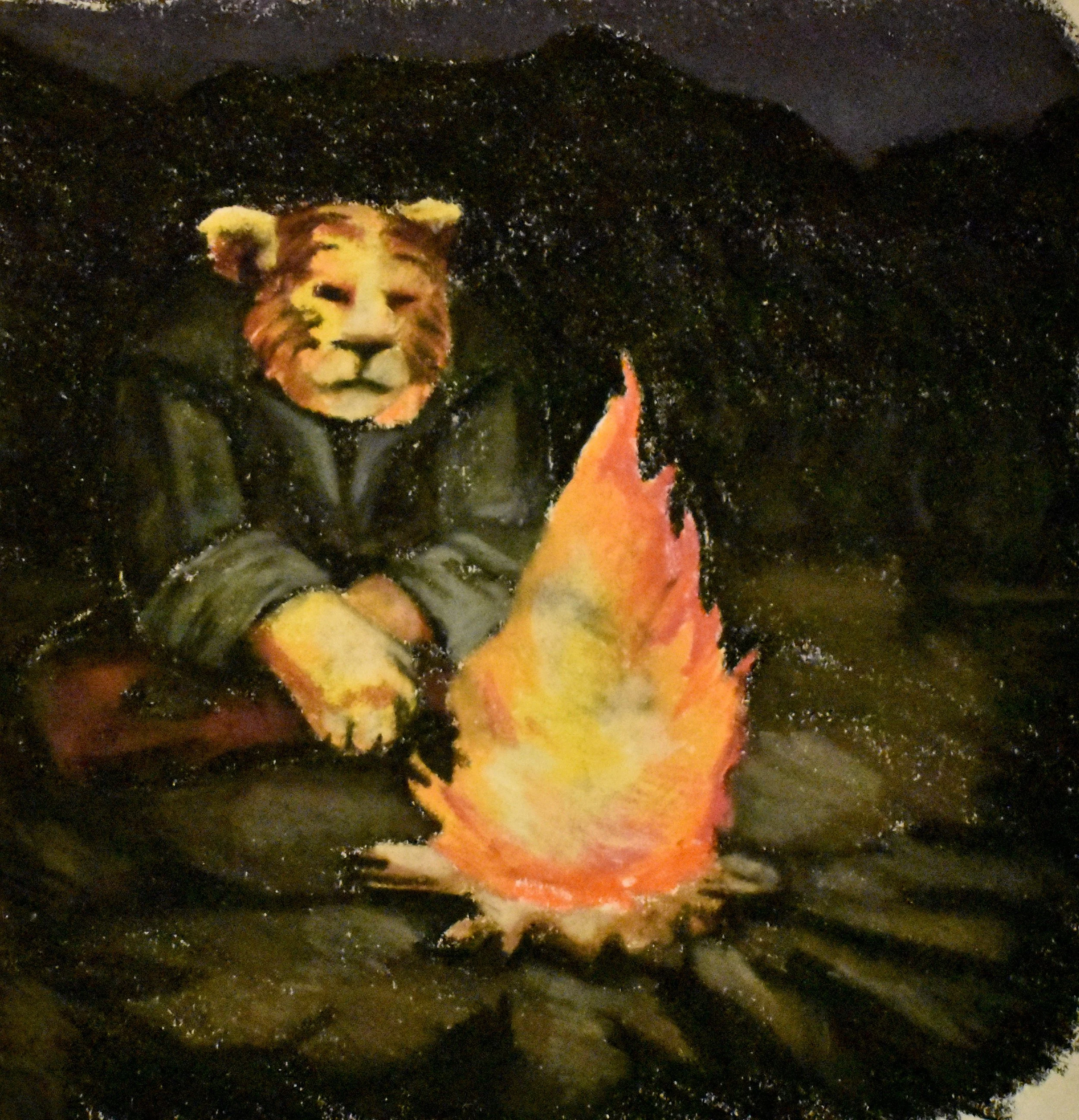 An anthropomorphic lion with a human body dressed in a dark jacket, sitting with crossed arms, looking at a large flame in front of it.