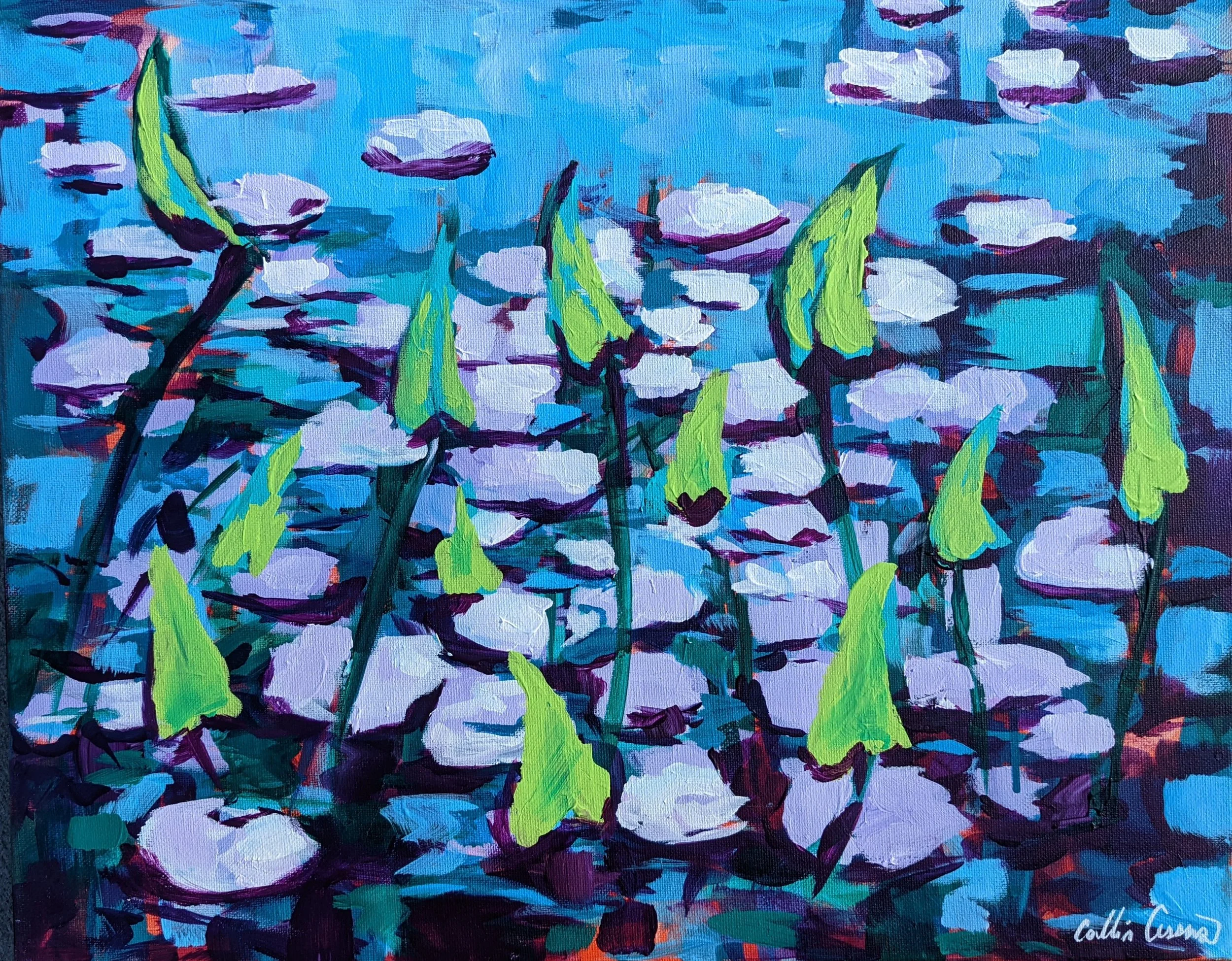 An impressionist painting of water lilies and lily pads on a pond, with vibrant blues, purples, green, and touches of white and black.