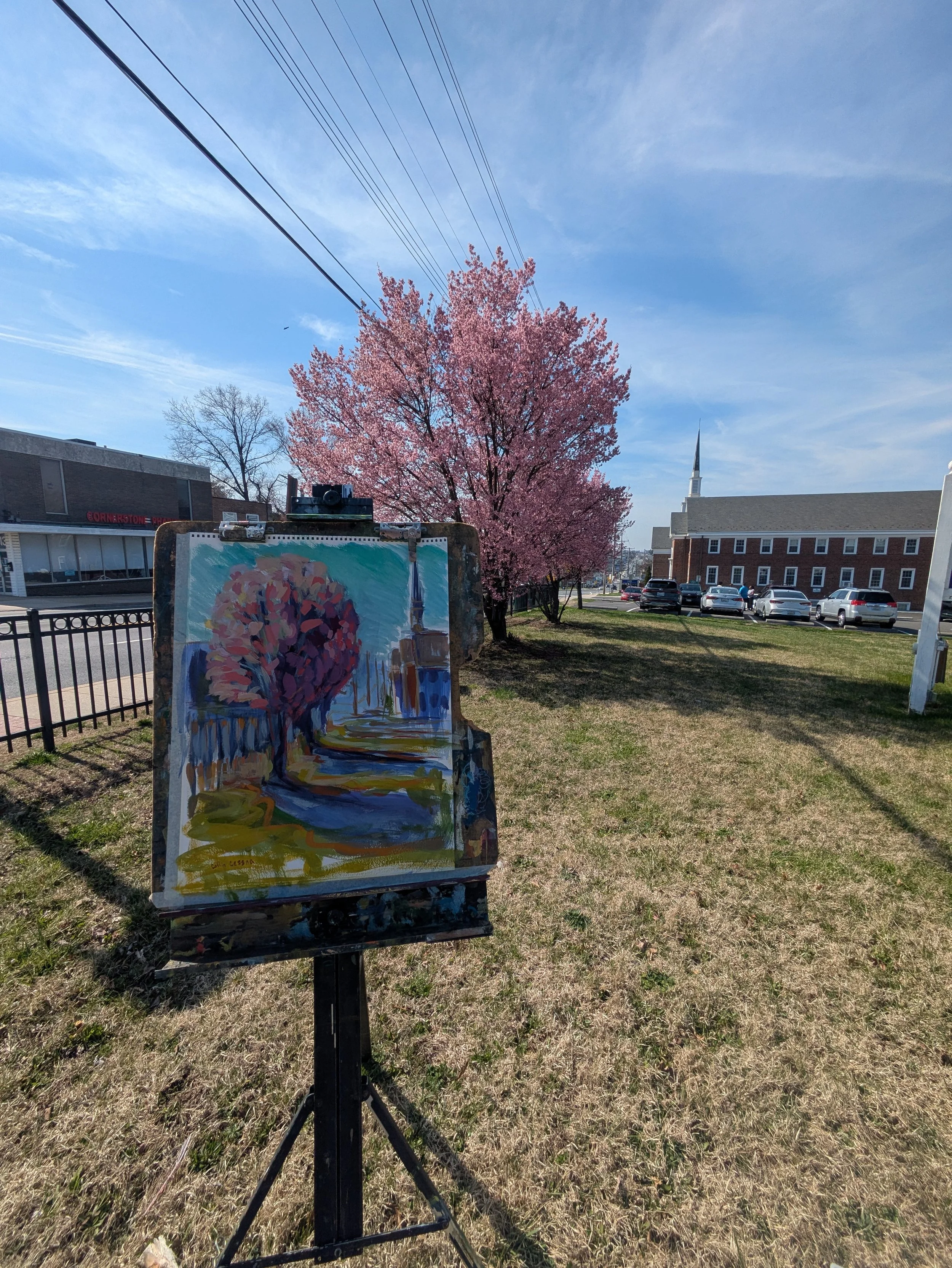 Hiss Church Cherry Blossoms Putty Hill St. Ursulas Collin Cessna artwork painting harford road md