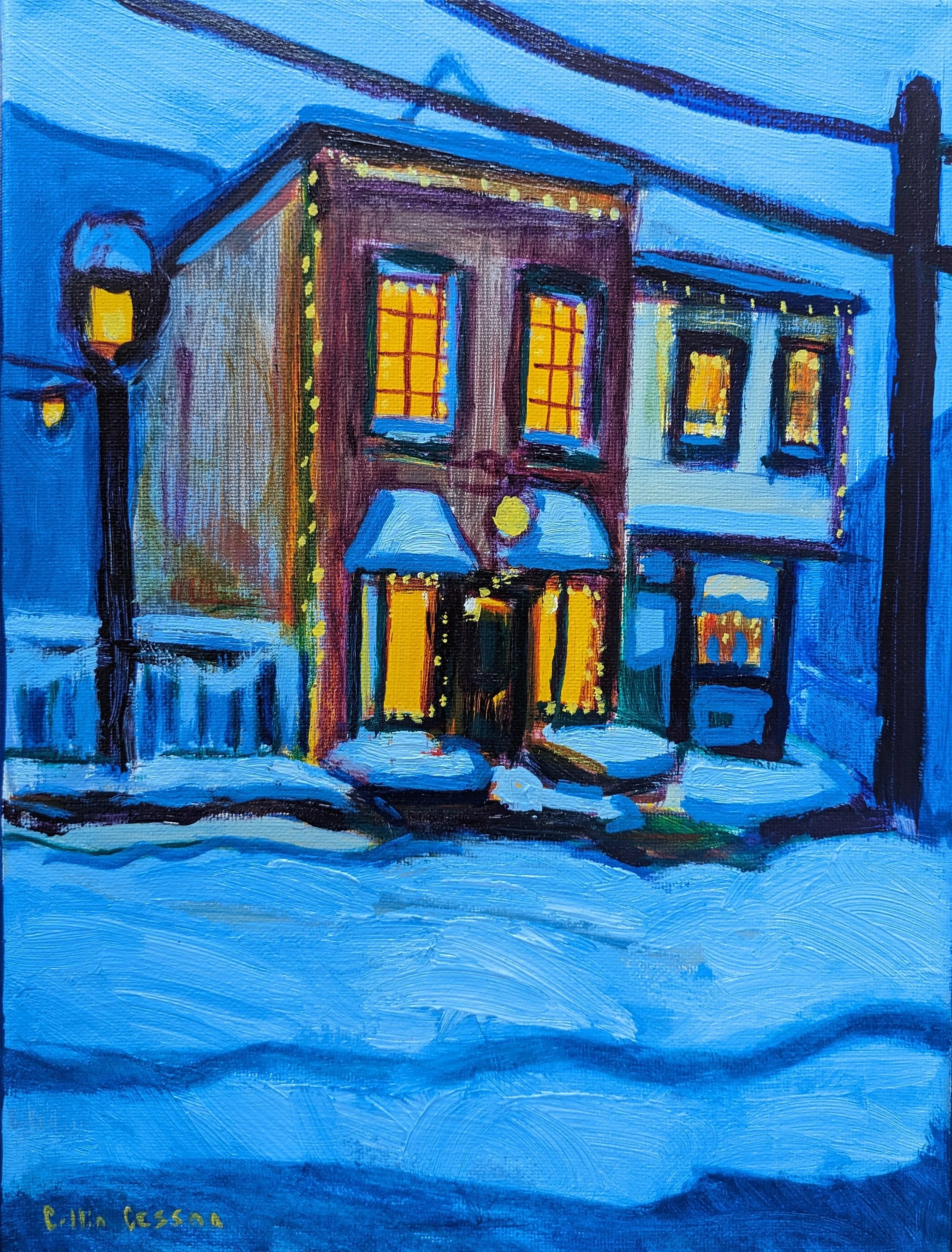 Painting of a building at night with brightly lit windows and snow on the ground.