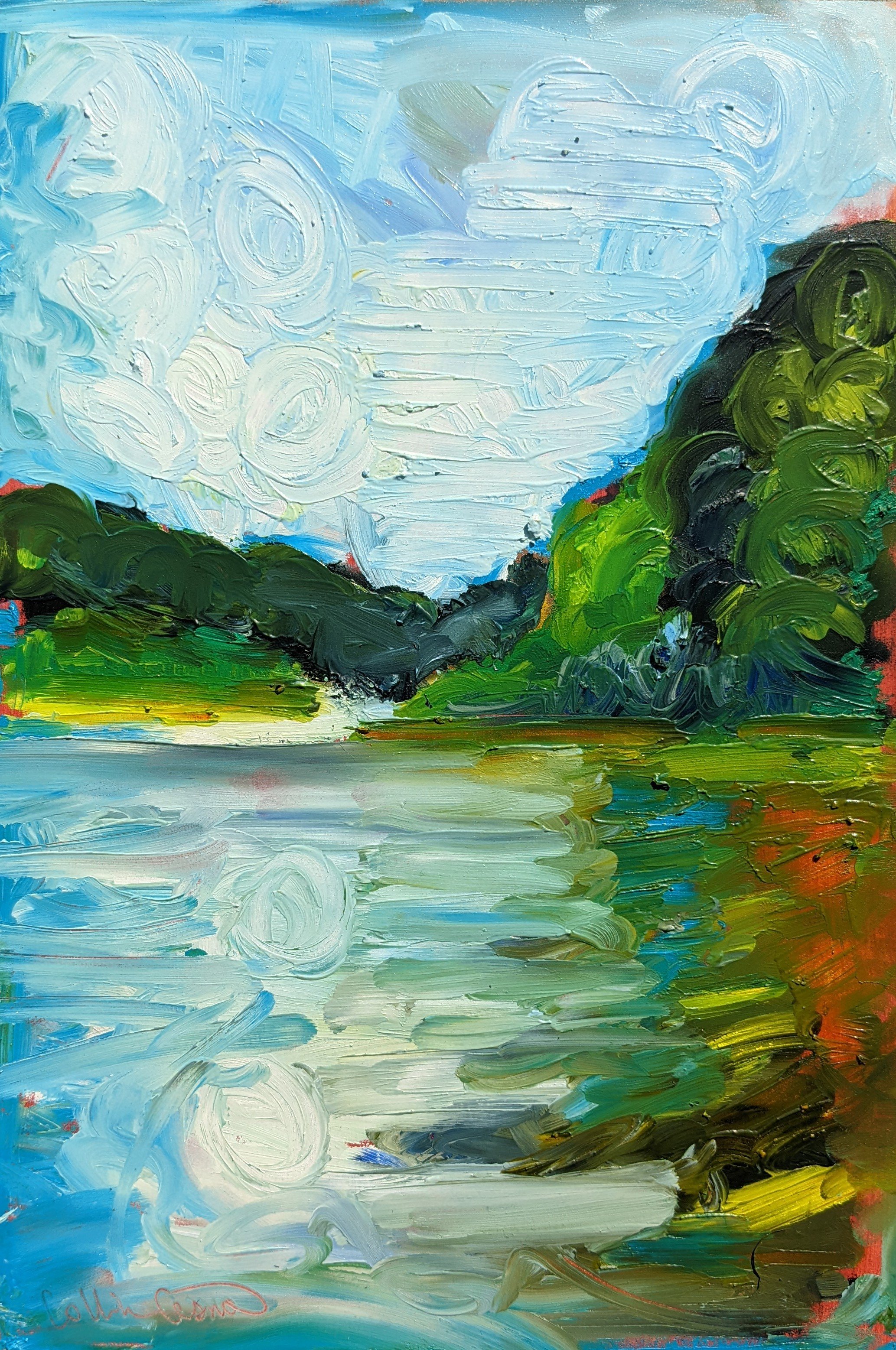 A colorful landscape painting depicting a river flowing between lush green trees under a bright cloudy sky.