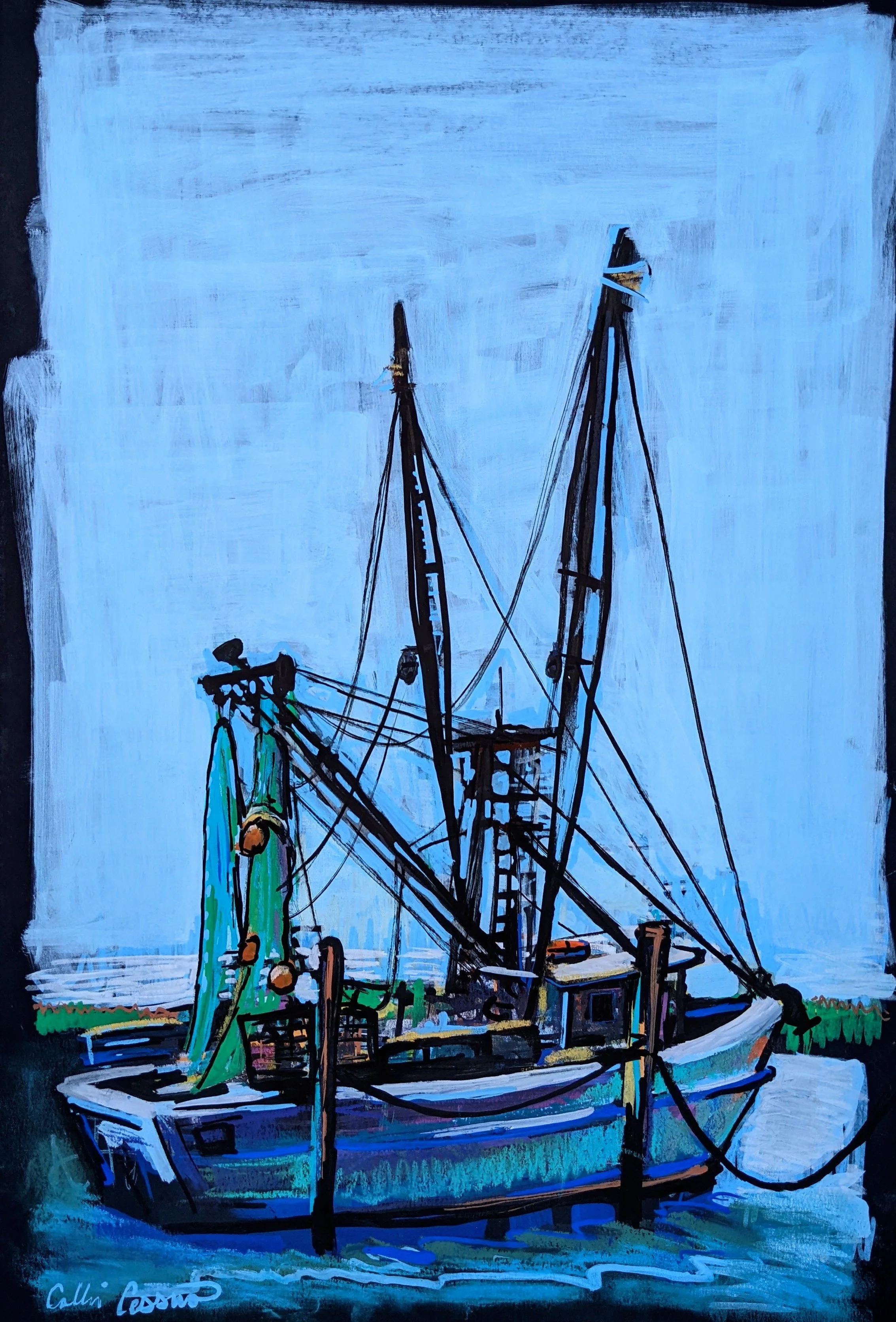 Painting of a small fishing boat with masts and rigging on calm water, with a blue sky background
