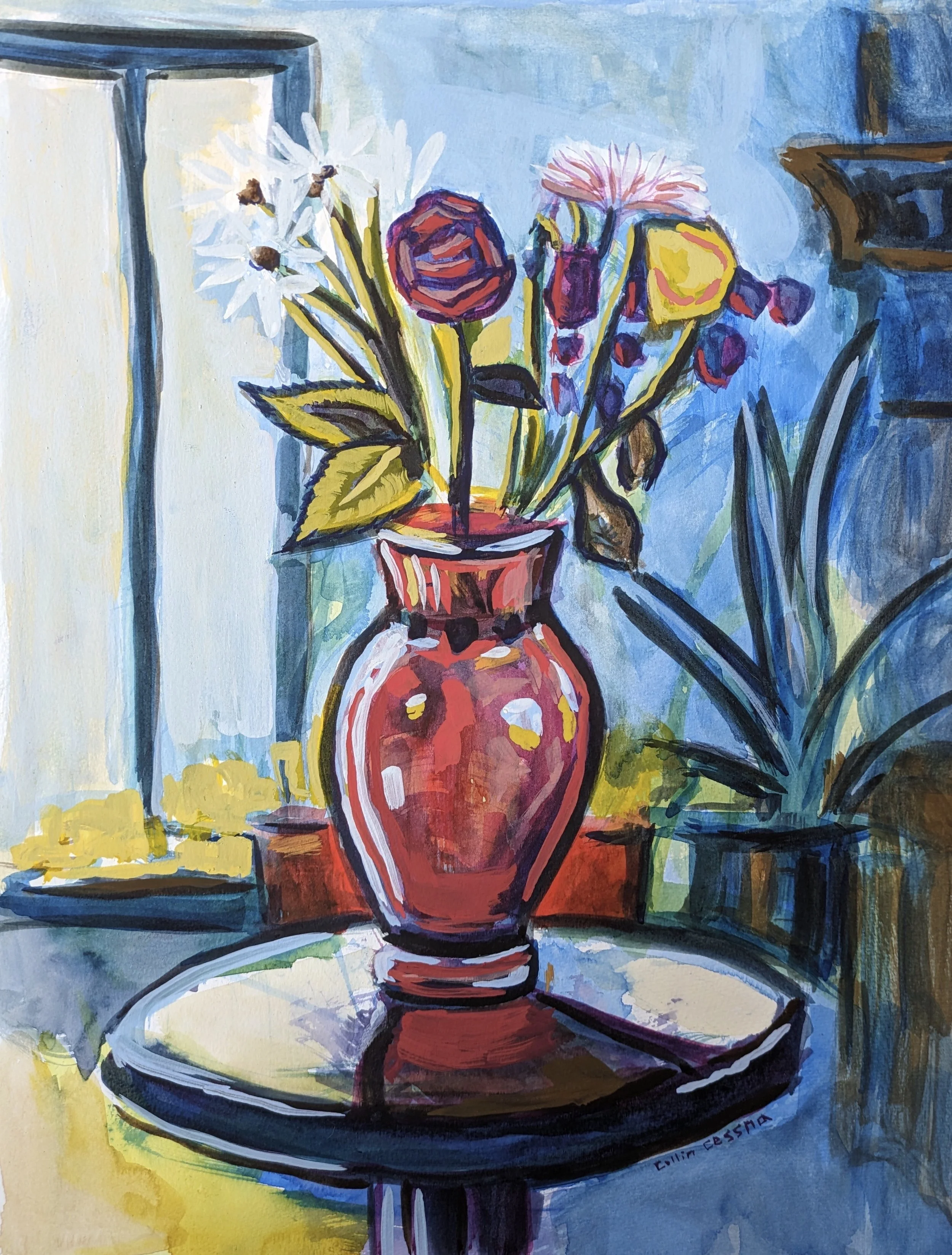 A colorful painting of a red vase with a bouquet of flowers on a table. The bouquet includes white daisies, red and yellow roses, and pink and purple flowers. The background features a light blue wall and a white window or door frame.