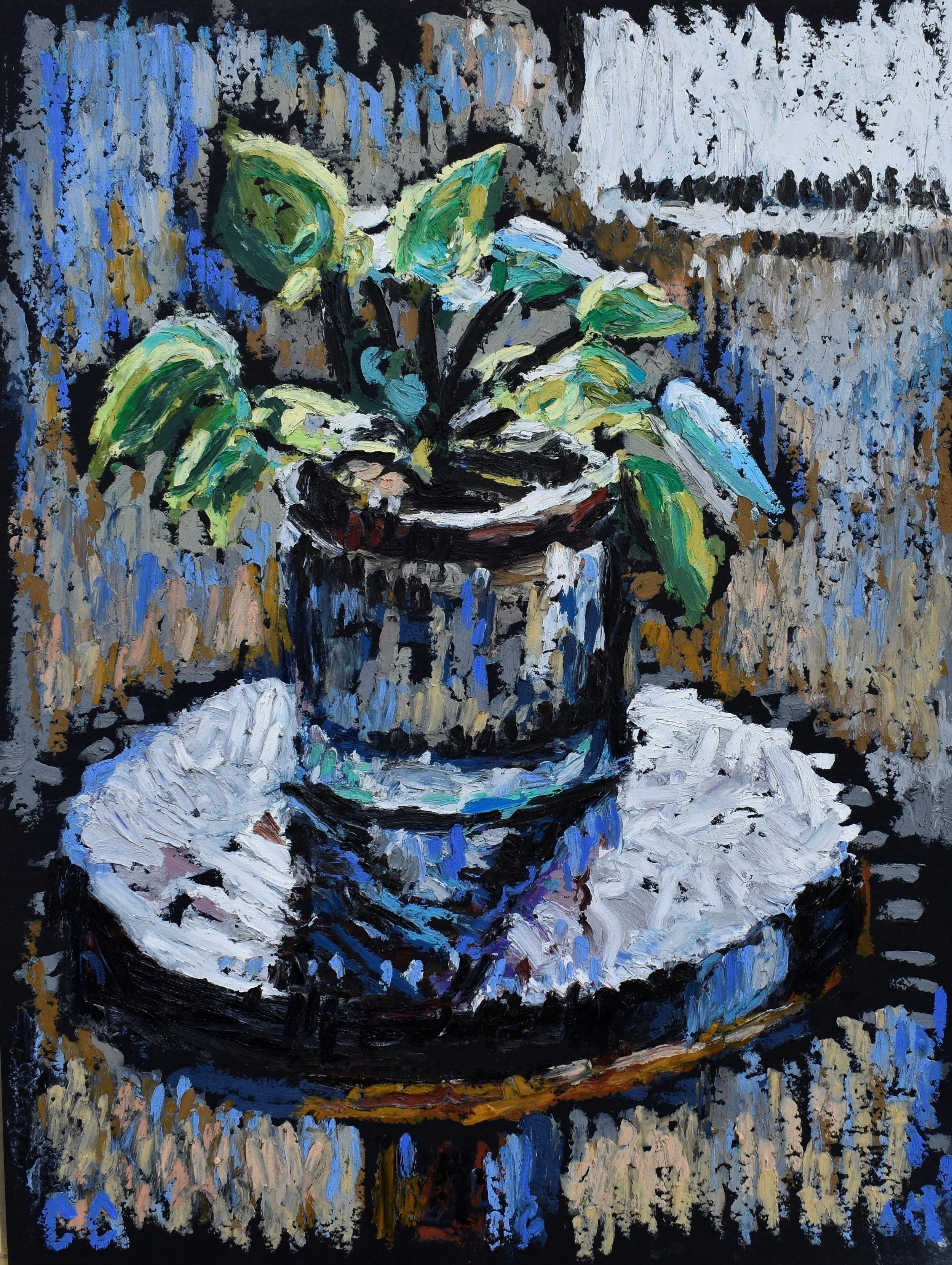 Impressionist-style oil painting of a potted green plant on a white cloth, set on a blue patterned table with a textured background.