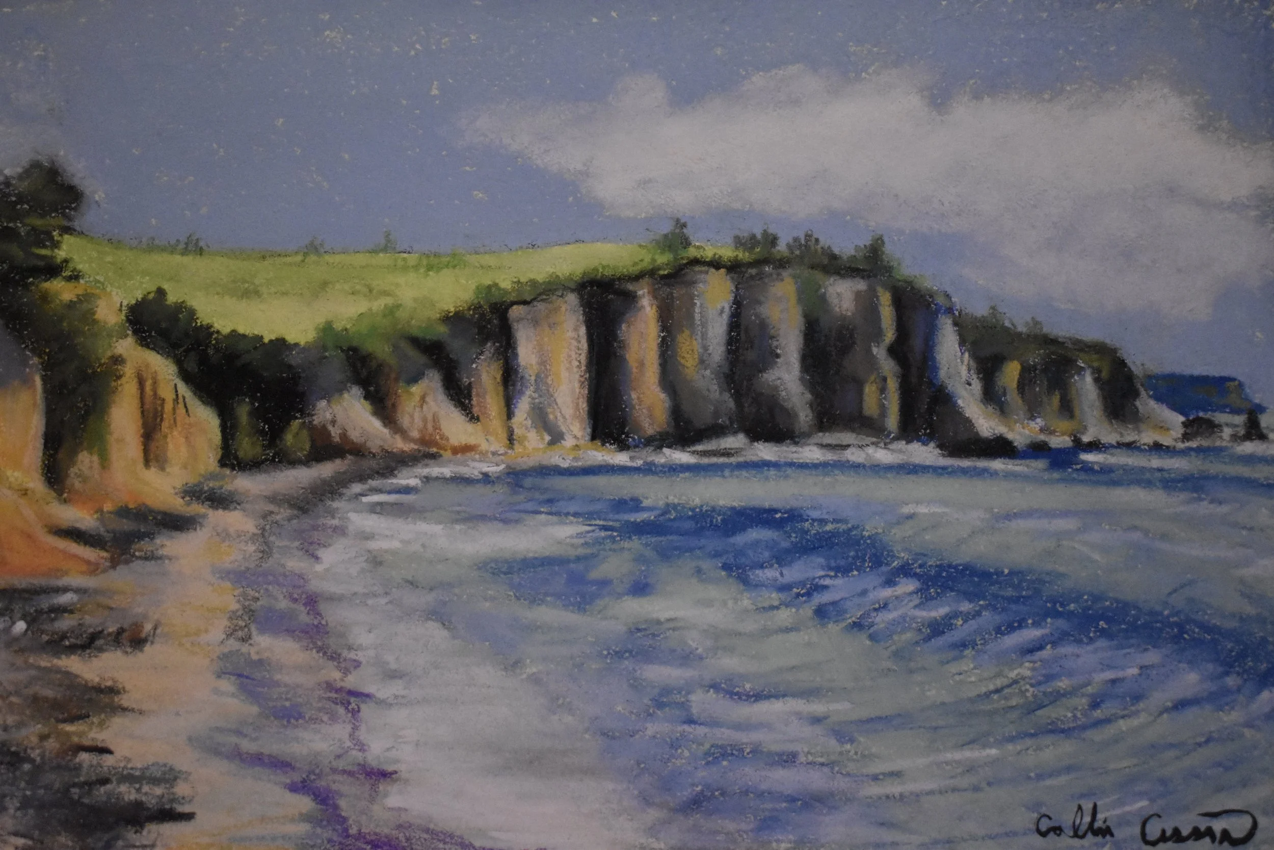 A painting of a coastal landscape with cliffs, green grass on top, and a body of water in the foreground.