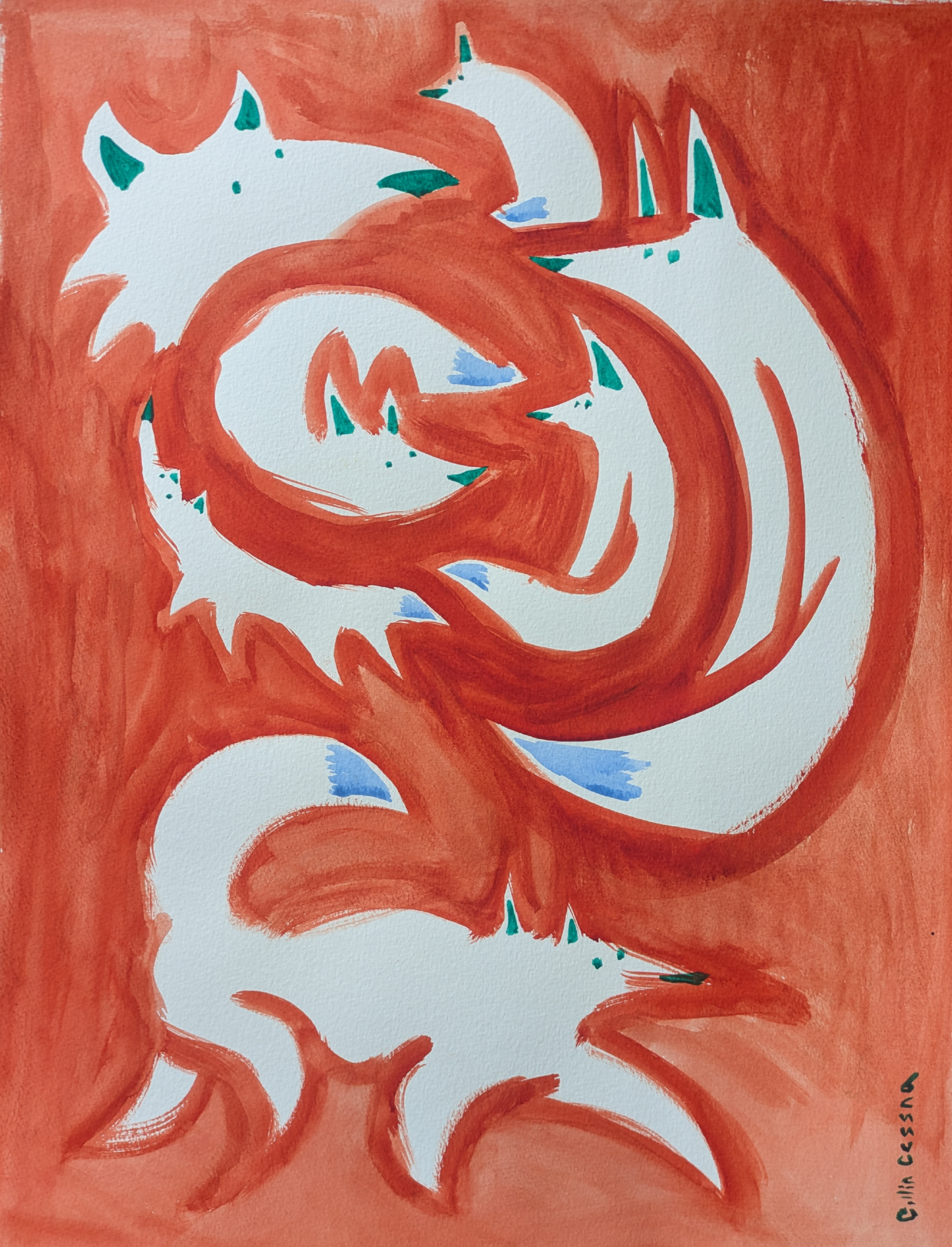 A collection of cartoon wolf paintings by Collin Cessna using watercolor paints on paper original md