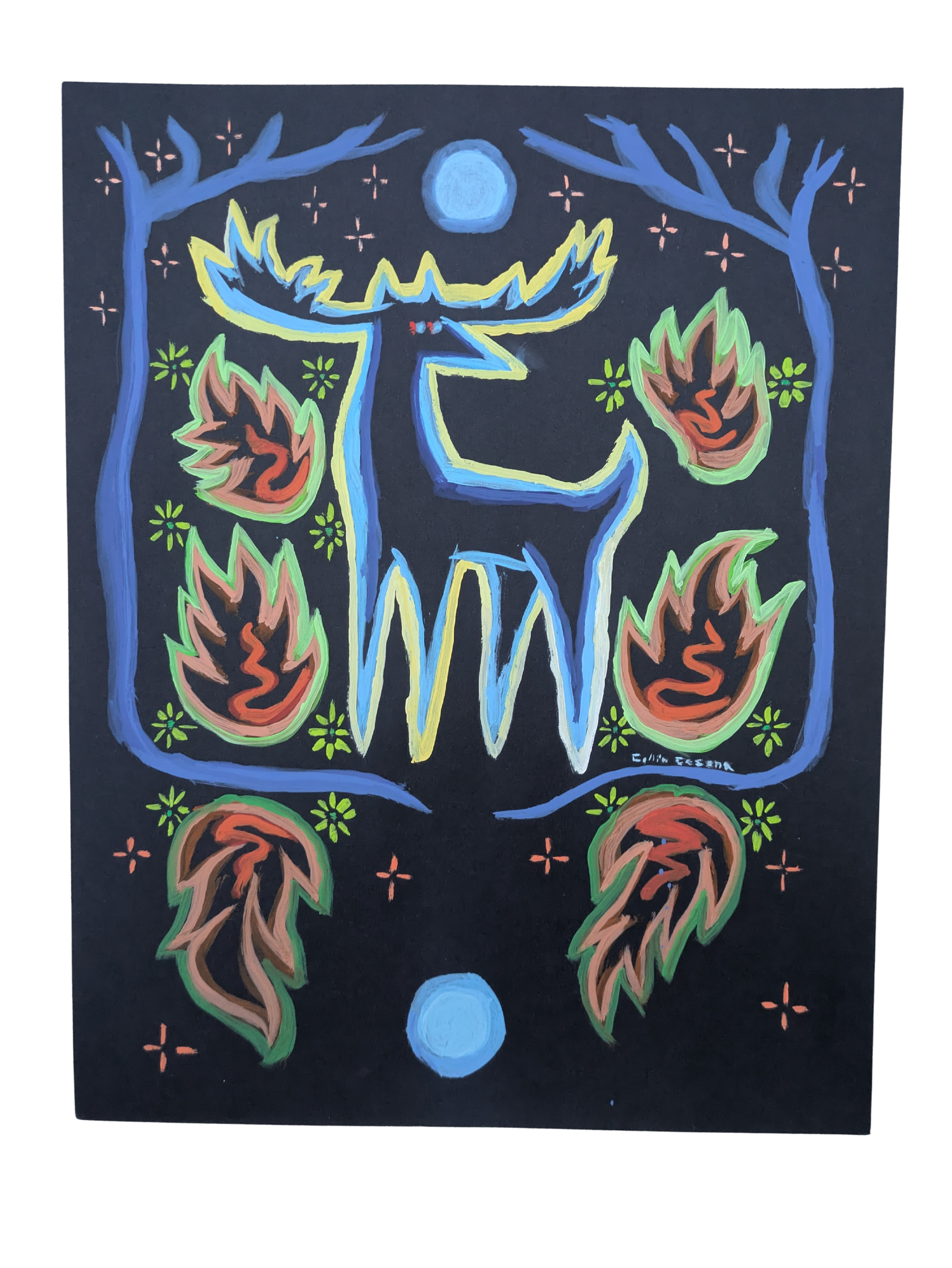 Full moon original oil painting by Collin Cessna black paper deer folk art artist reflection color