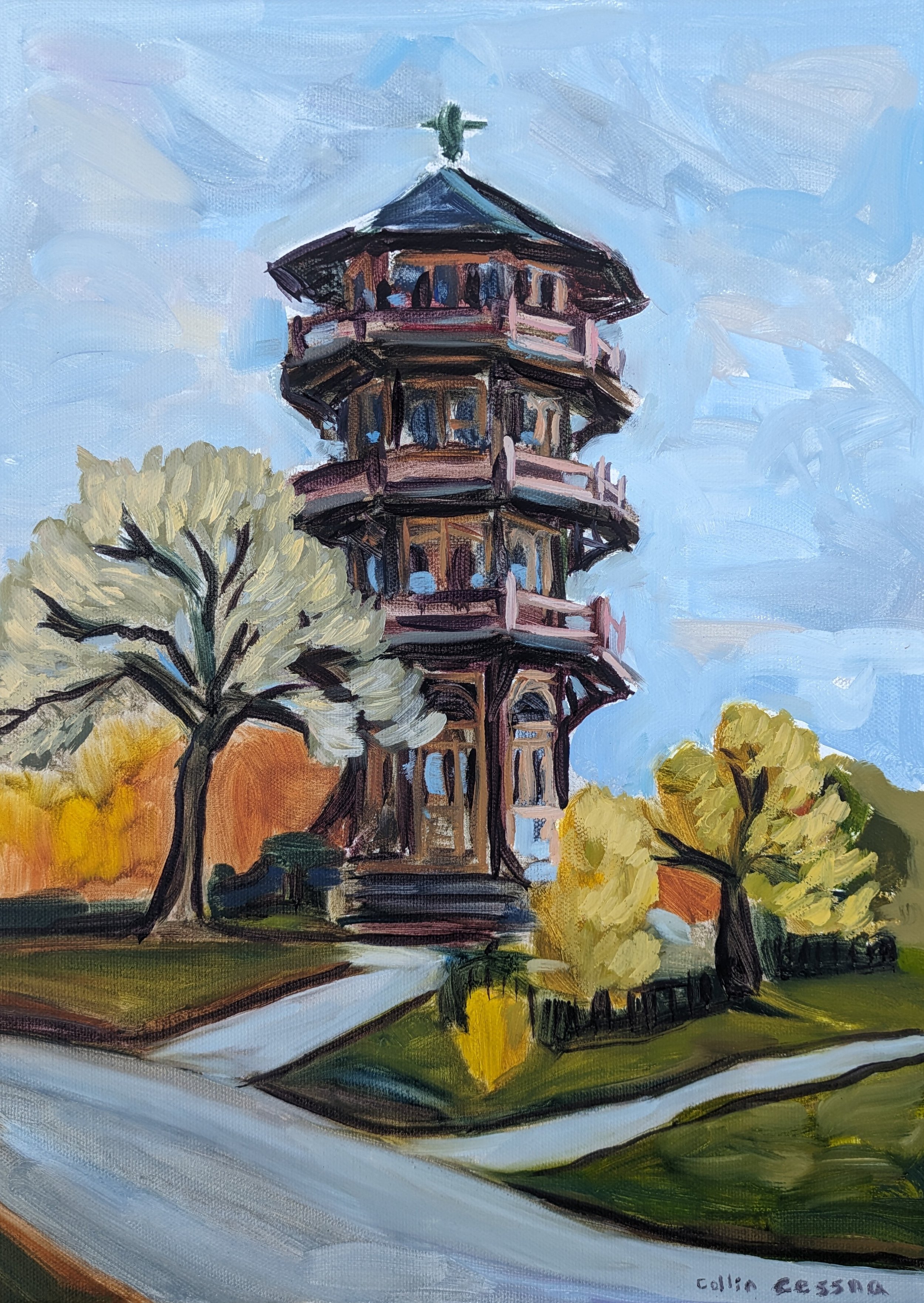 Patterson Park Observatory Pagoda painting by Collin Cessna Highlandtown Canton Upper Fells Art