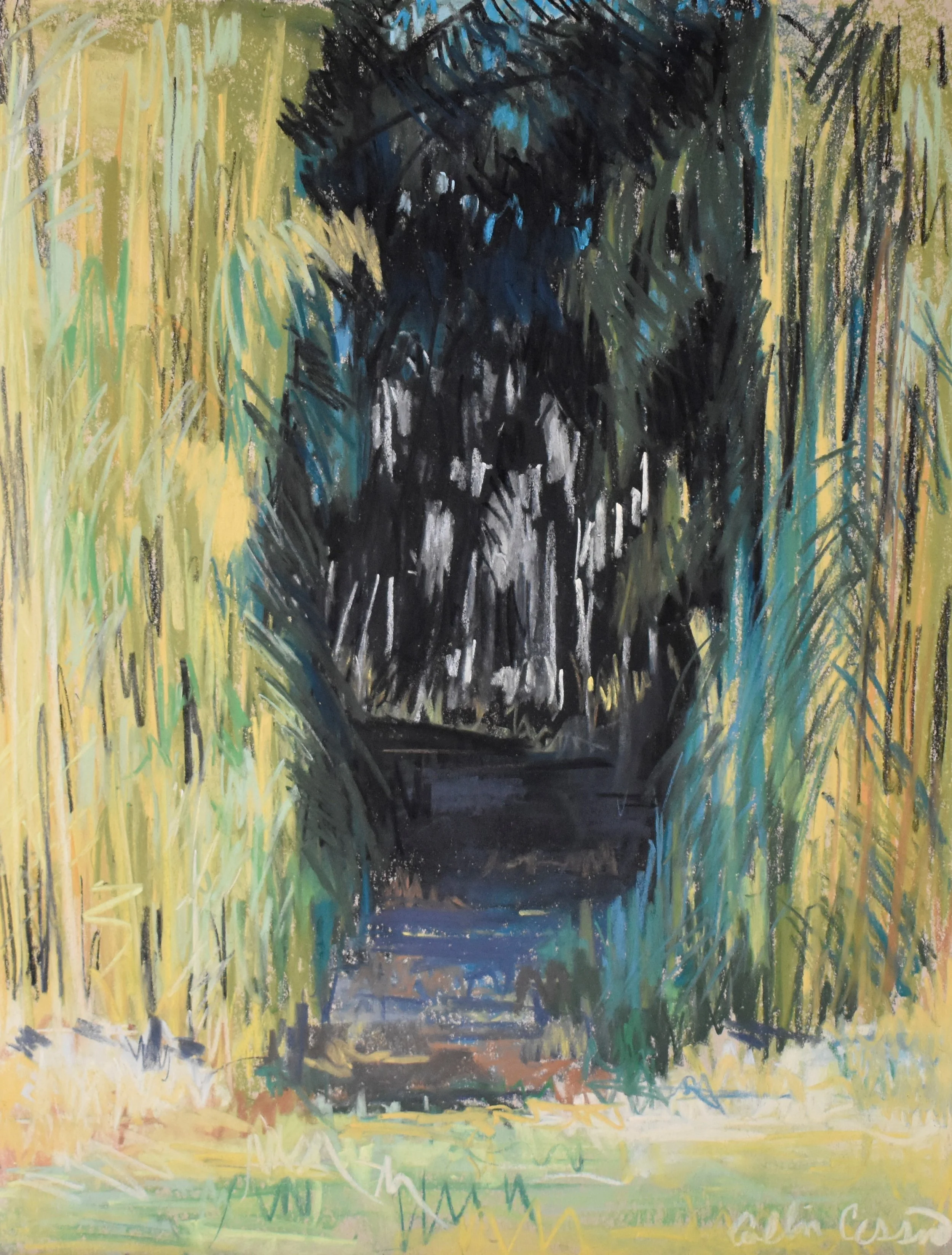 Painting of a dark, shadowy face with an open mouth surrounded by yellow and green tall grass and foliage.