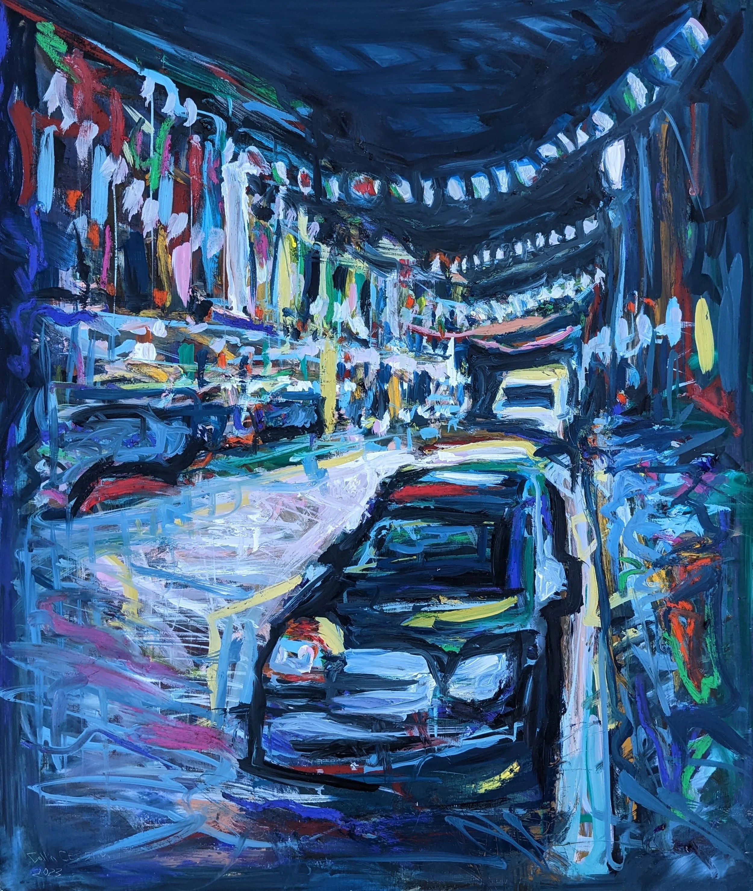 A colorful abstract painting of city street scene viewed from inside a tunnel. Bright lights, cars, and buildings line the street.