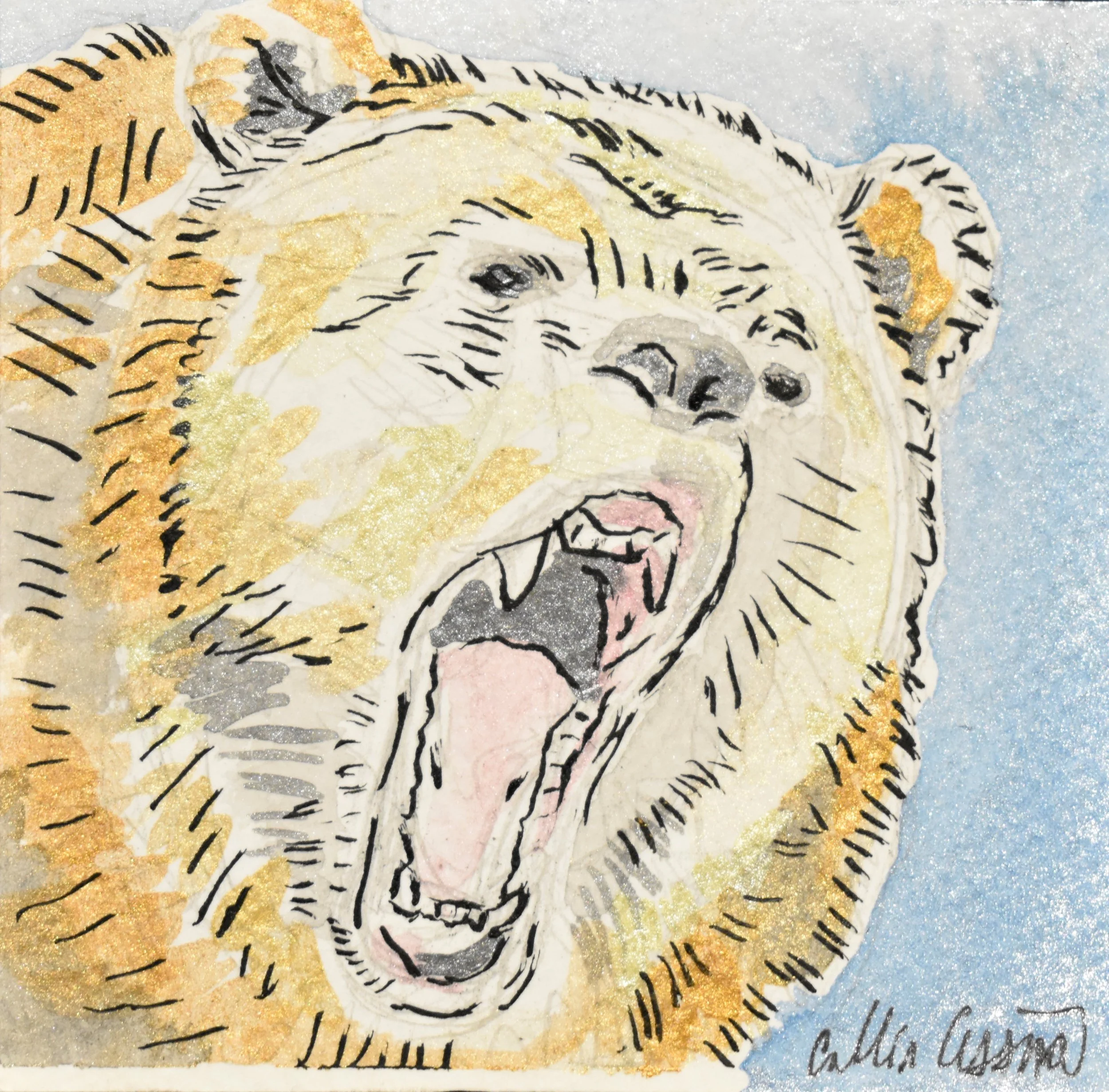 Handmade illustration of a roaring lion's head with black outlines, gold and gray accents, set against a blue background.