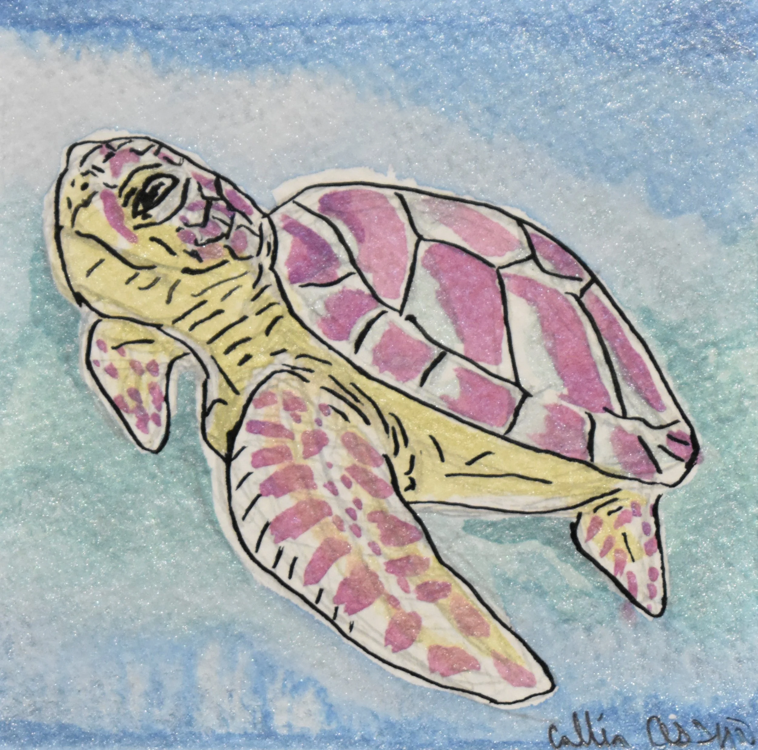 A drawing of a sea turtle with a yellow body and pink and purple patterned shell, swimming in a light blue and white aquatic background.