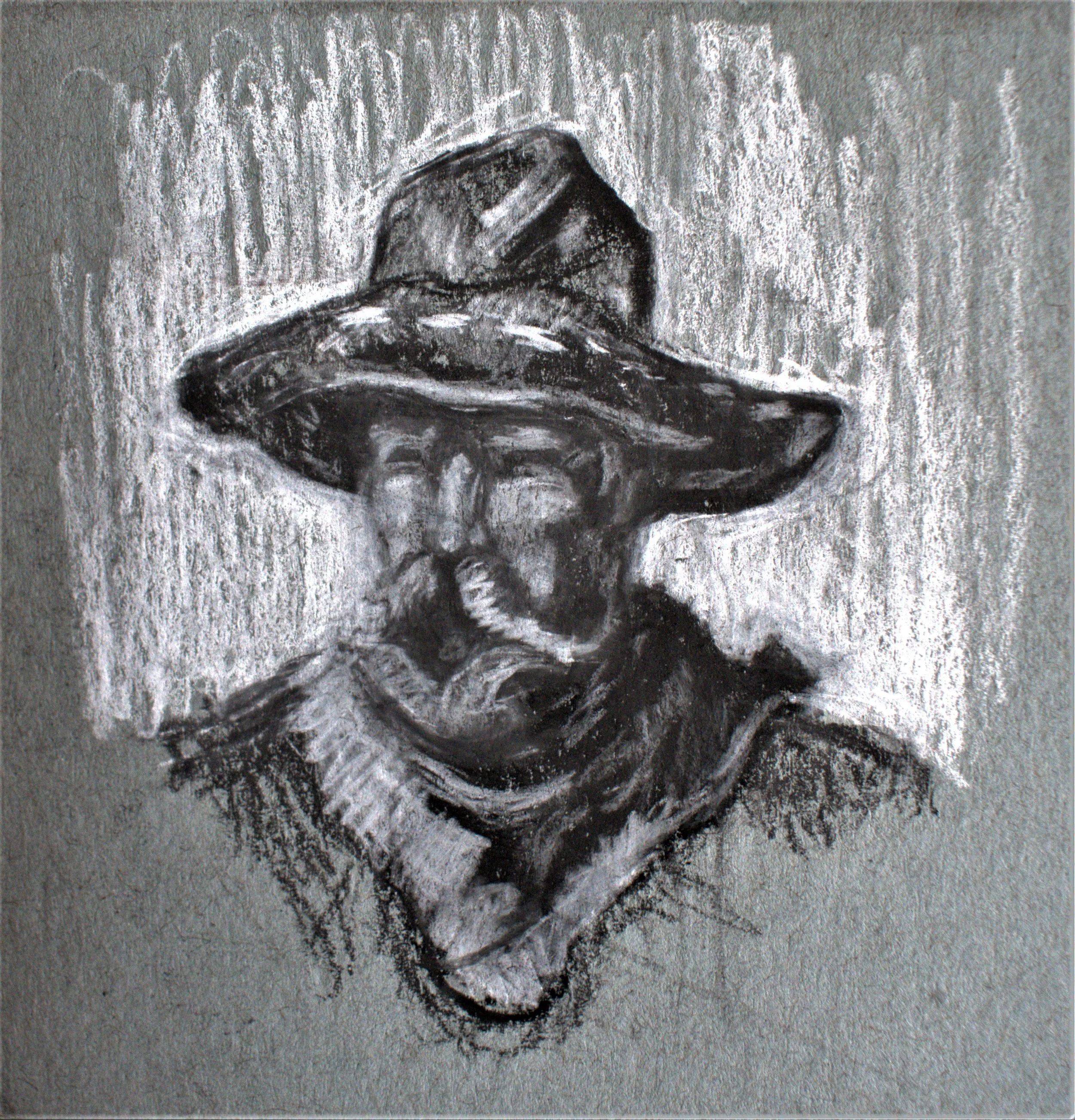 A black and white drawing of a cowboy wearing a wide-brimmed hat and a neckerchief. The cowboy is holding a gun close to his face and has a stern expression.