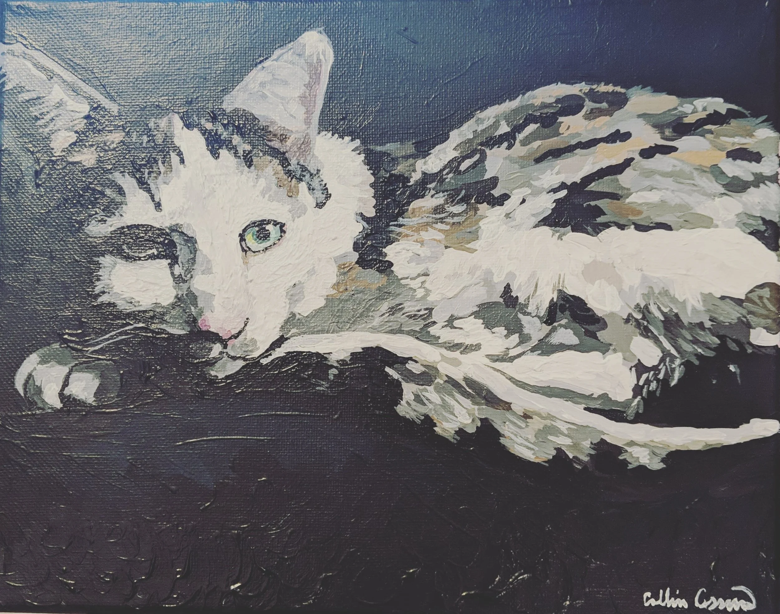 Painting of a white and gray tabby cat lying down with green eyes, resting its head on its front paws on a dark surface.