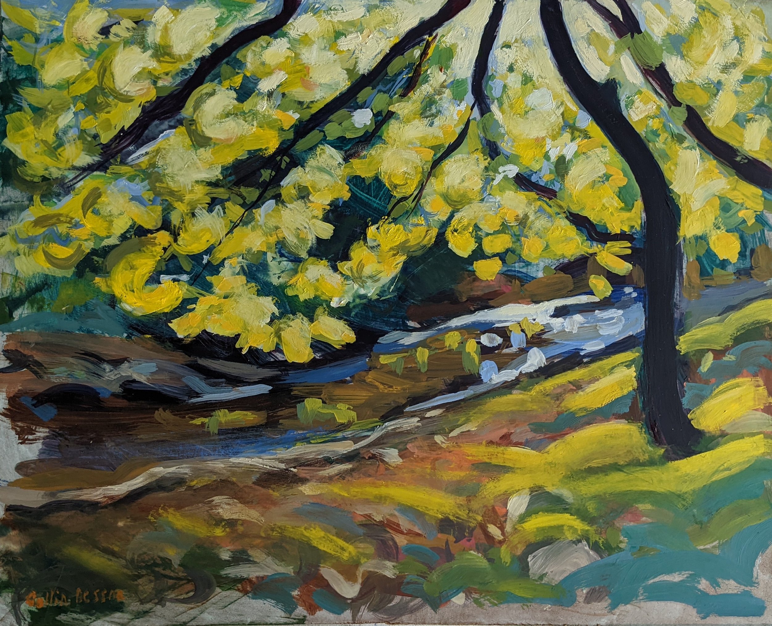 Painting of a lush tree with yellow leaves next to a flowing stream, with vibrant green and earthy tones.