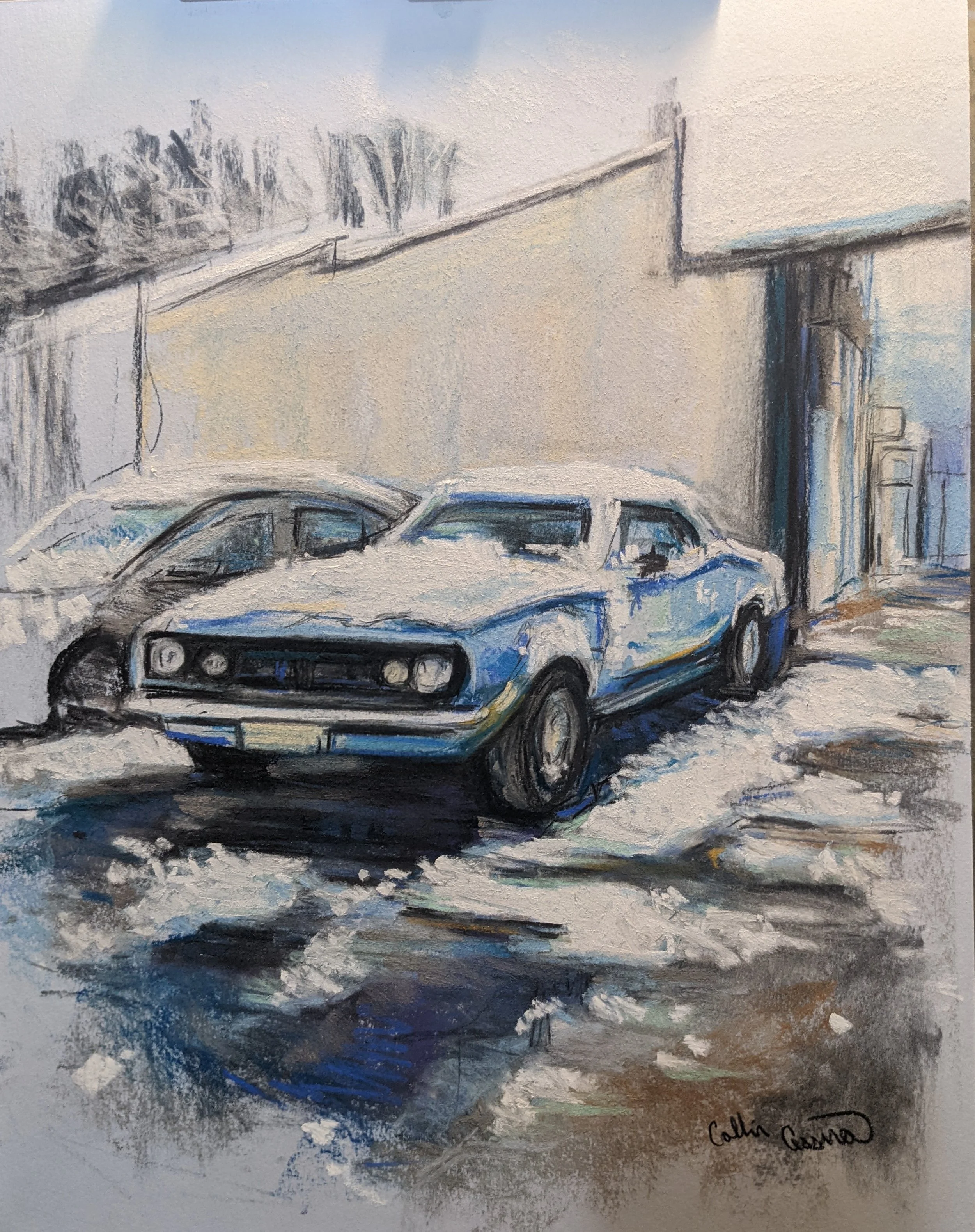 A painting of a blue vintage car parked in a snowy alleyway, with buildings and a wall in the background.