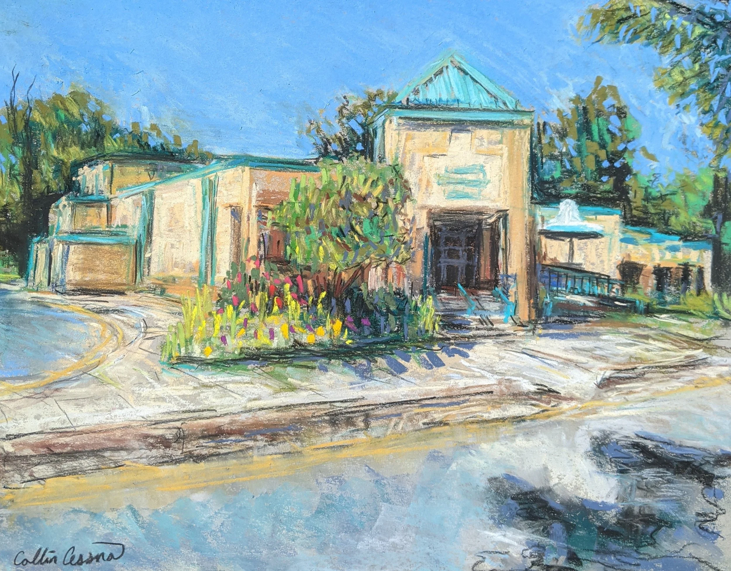Colorful impressionist painting of a building with a garden, trees, and fountain under a blue sky.
