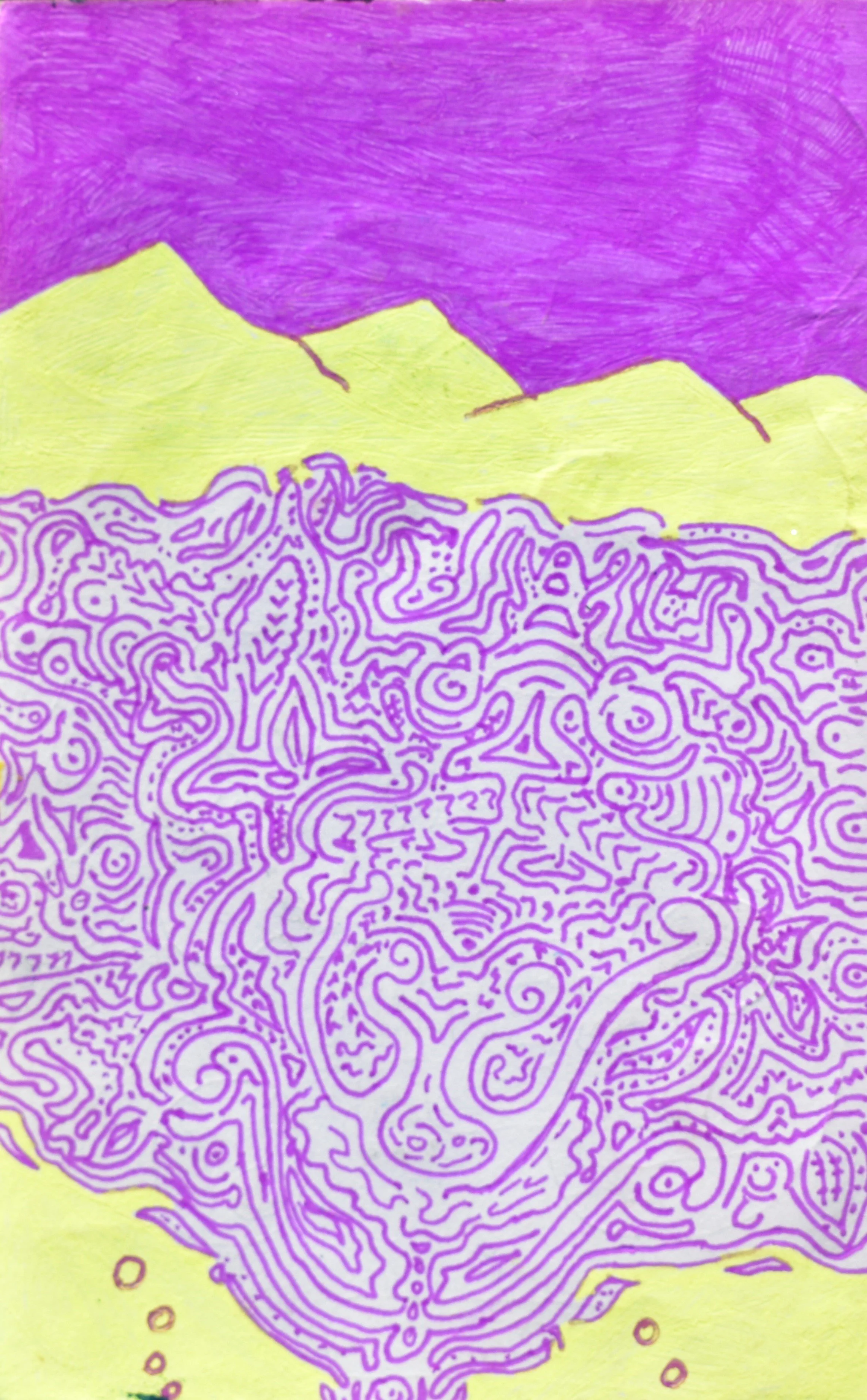 Colorful abstract drawing with a purple and yellow mountain landscape and intricate purple maze-like pattern at the bottom.