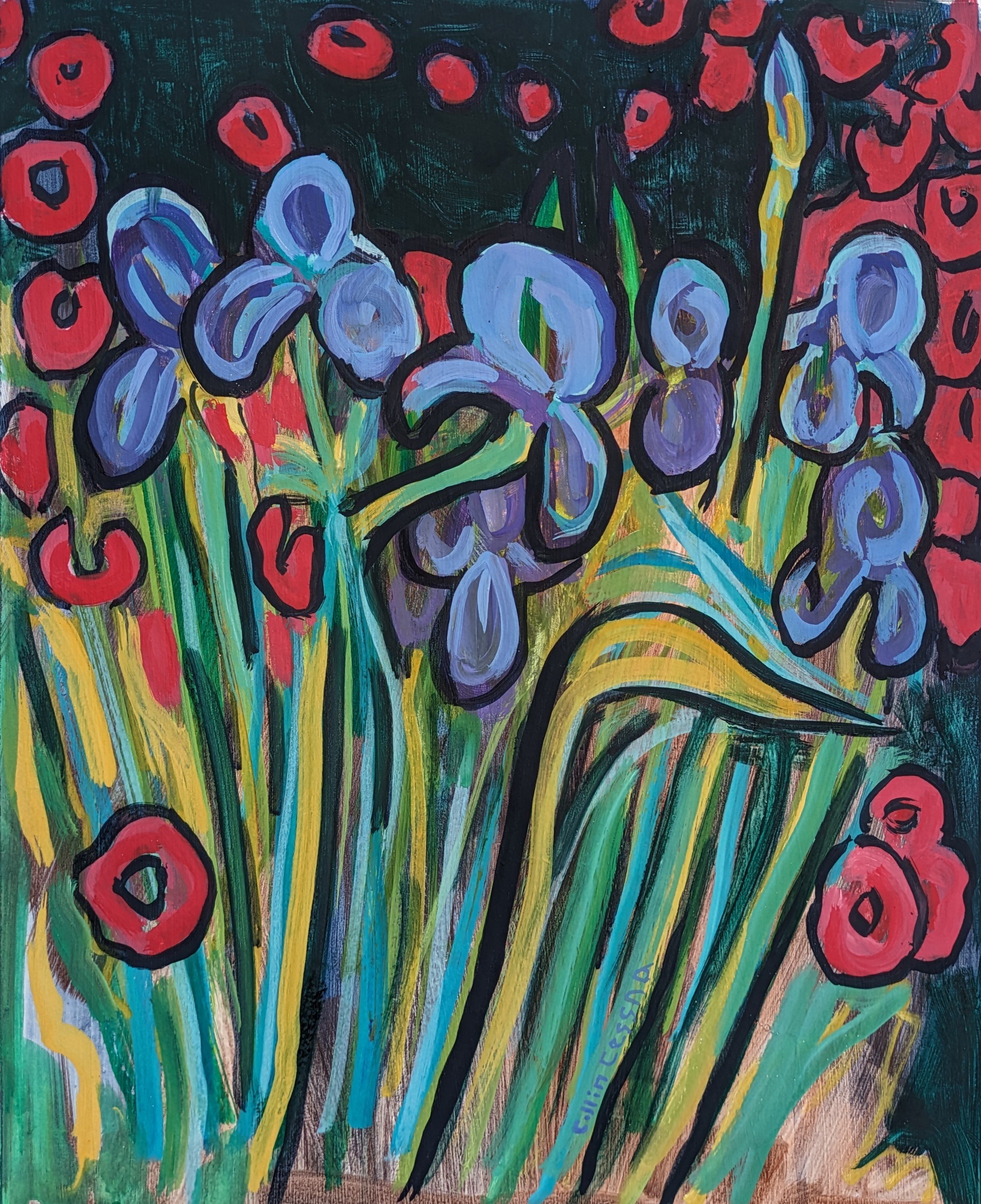 Irises and Azaleas Original Mixed media painting Abstract Impressionist