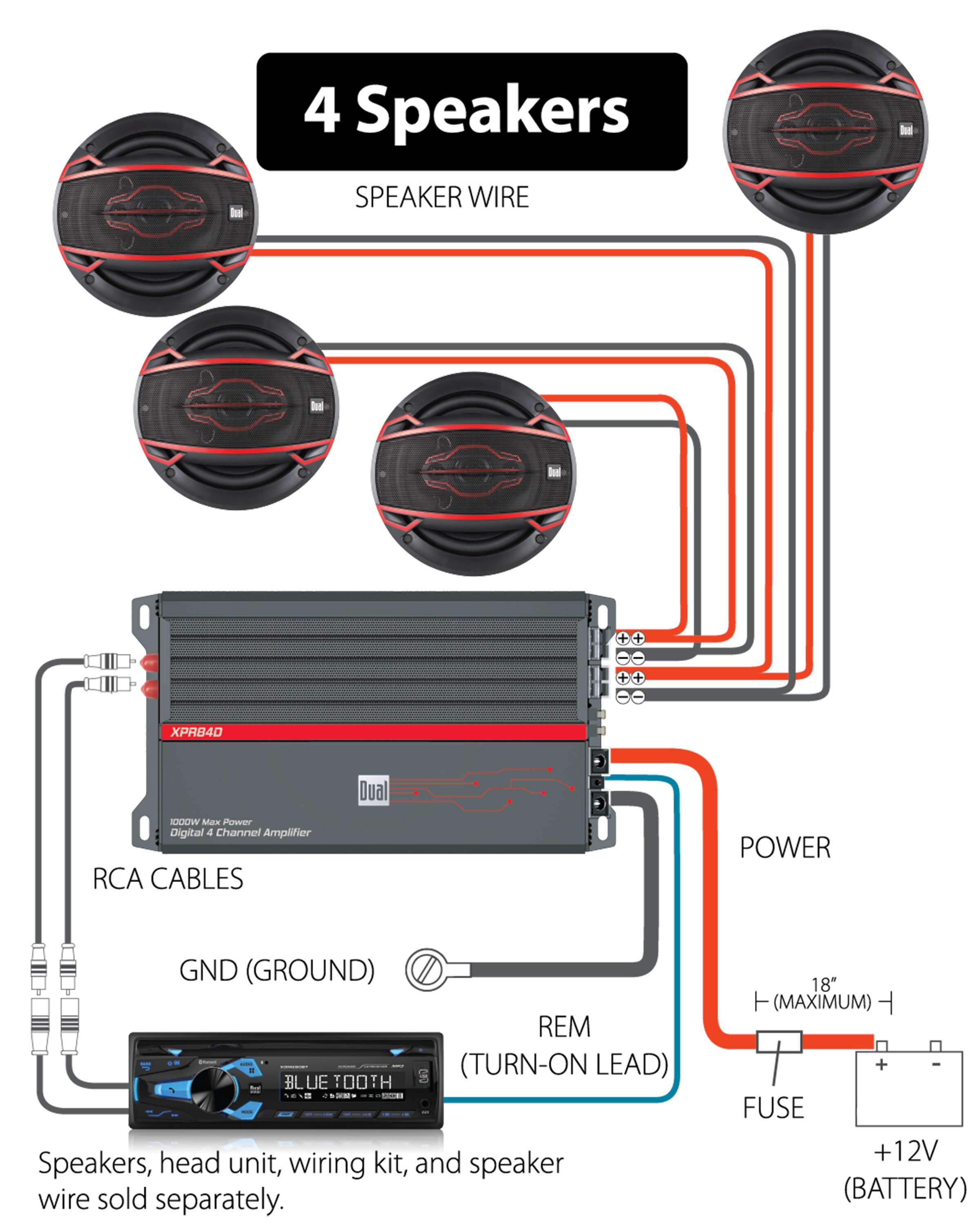 Digital 4 Channel MOSFET Amplifier - XPR84D — Dual Electronics Corporation | Speakers To Amp Wiring Diagram | | Dual Electronics Corporation
