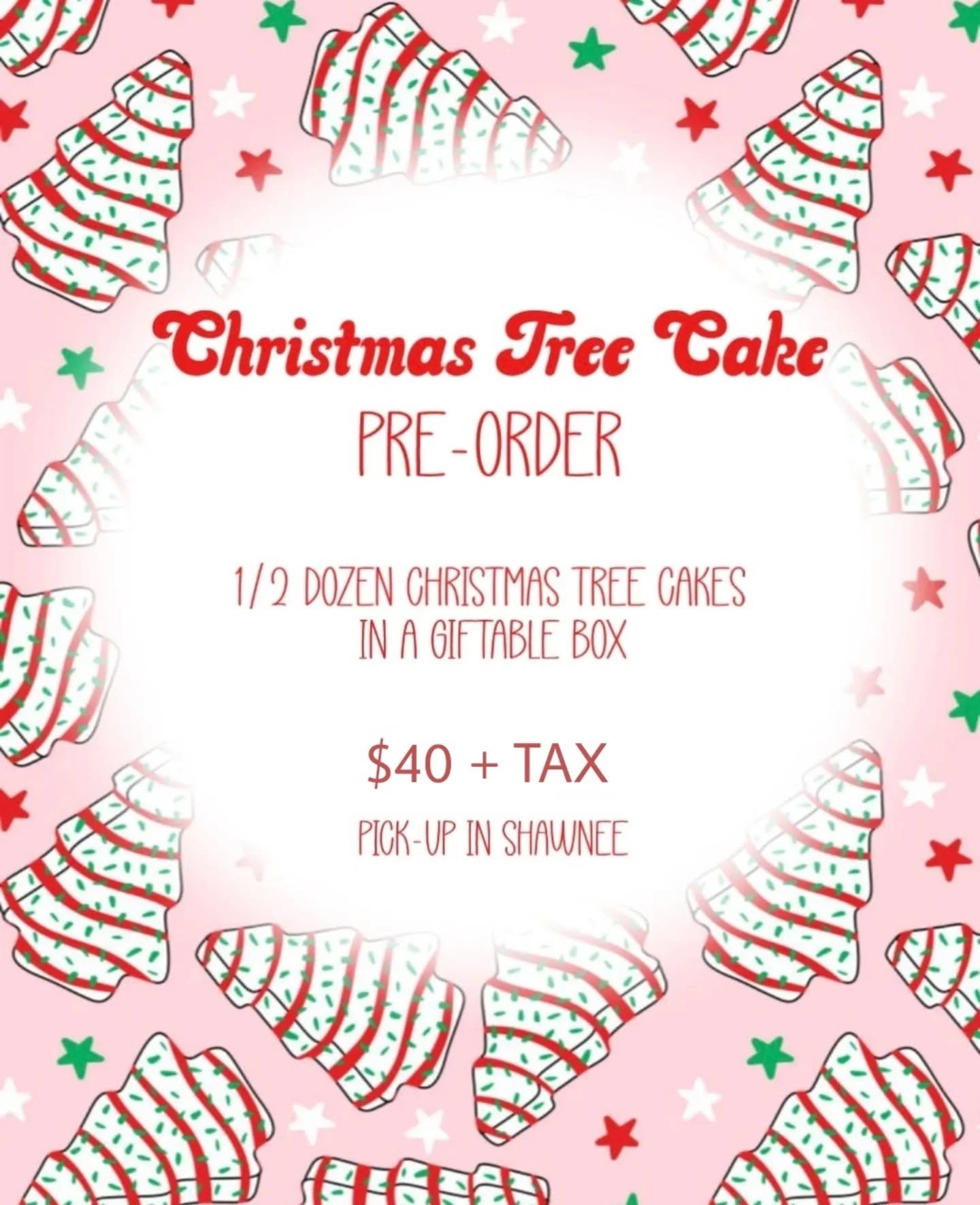 CHRISTMAS TREE CAKE BOX PRE-ORDER STARTS NOW 🎄
.
Each box will contain 1/2 dozen Christmas Tree cakes packaged in a giftable box 🎁
$40 ea + tax. Pick up will be in Shawnee on Friday, 12/19. DM or email florinesflourshoppe@gmail.com to order ❤️