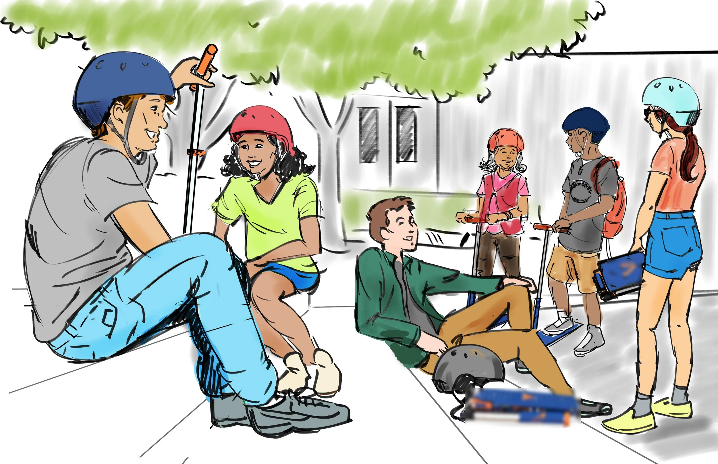 Group of Kids hanging out with Scooter Products. Spin Master Canada