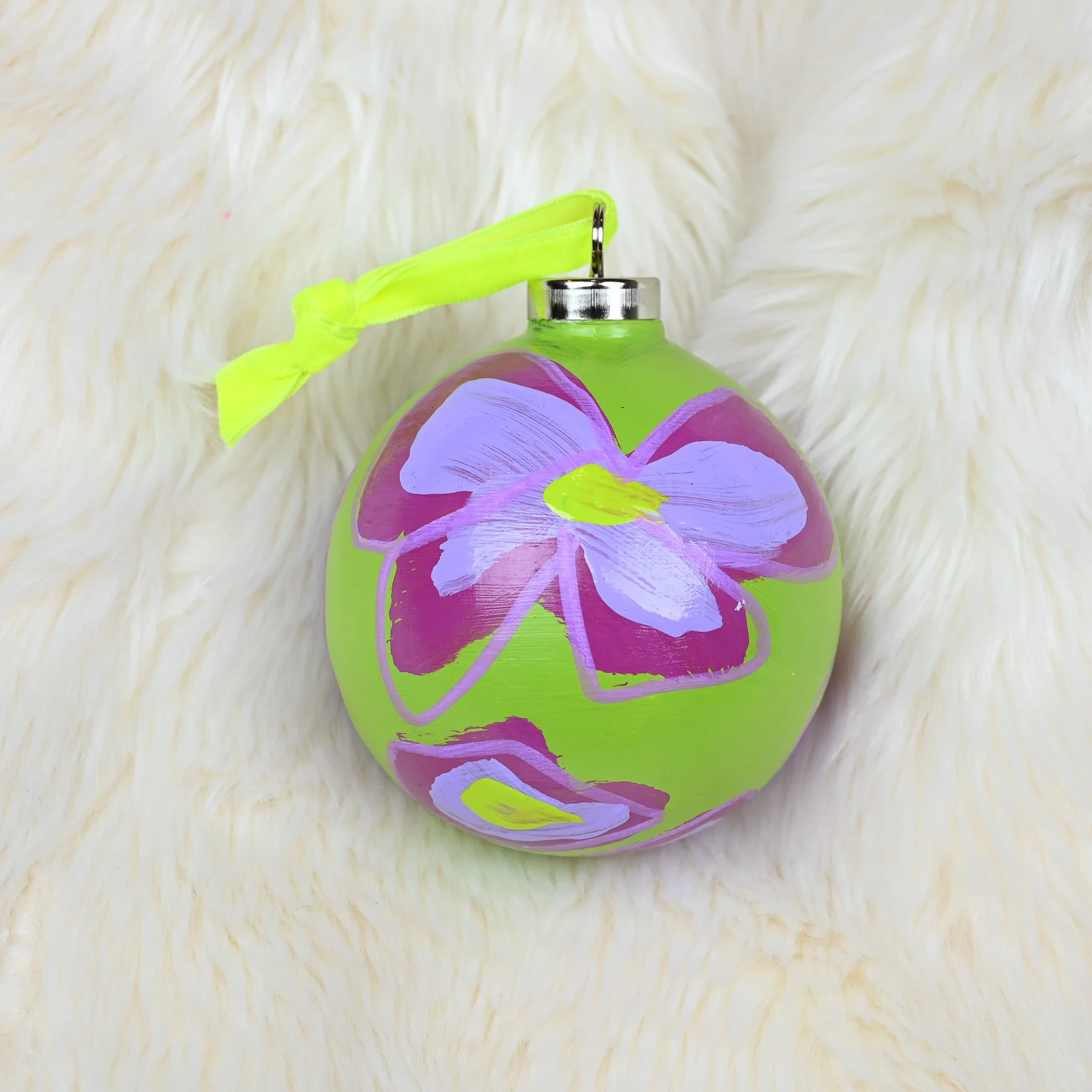 PURPLE FLOWERS ON LIME GREEN