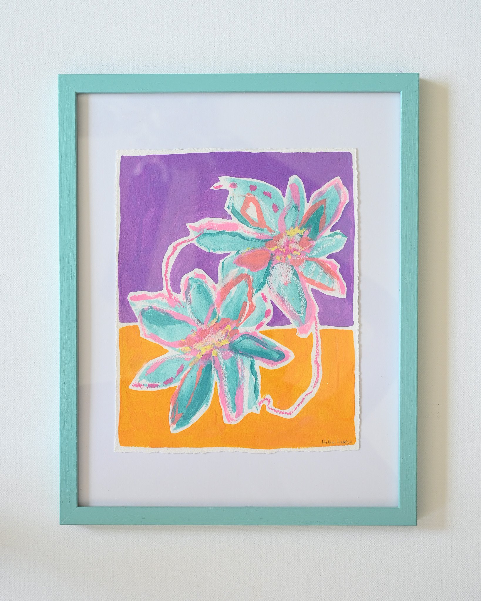 Teal Lilies, 8x10,$215,Acrylic Gouache & Oil Stick on cold pressed Watercolor Paper in 11x14 Teal Frame, Helen Lary Art.jpg