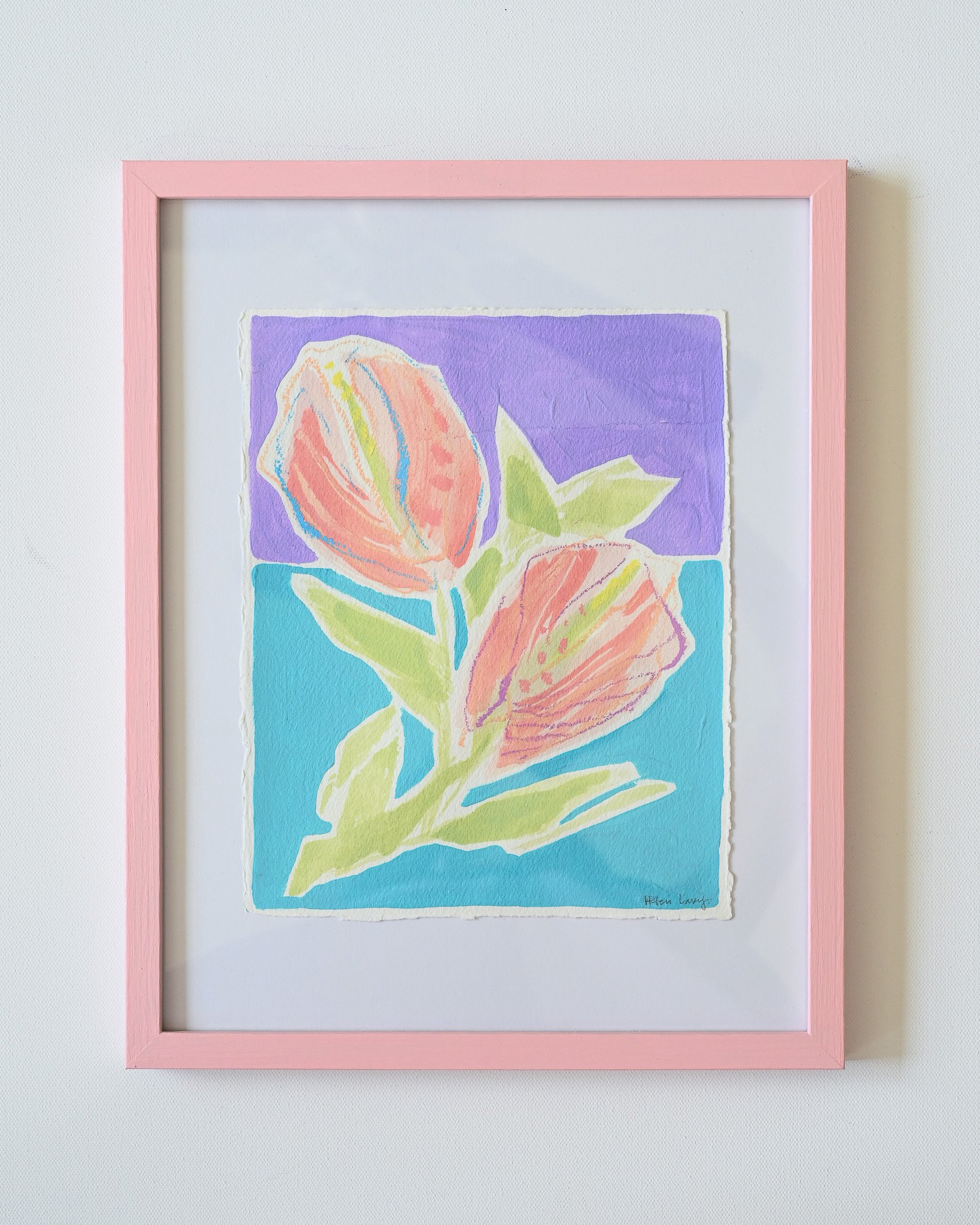 Coral Tulips 1, 8x10,$215,Acrylic Gouache & Oil Stick on cold pressed Watercolor Paper in 11x14 Pink Frame, Helen Lary Art.jpg