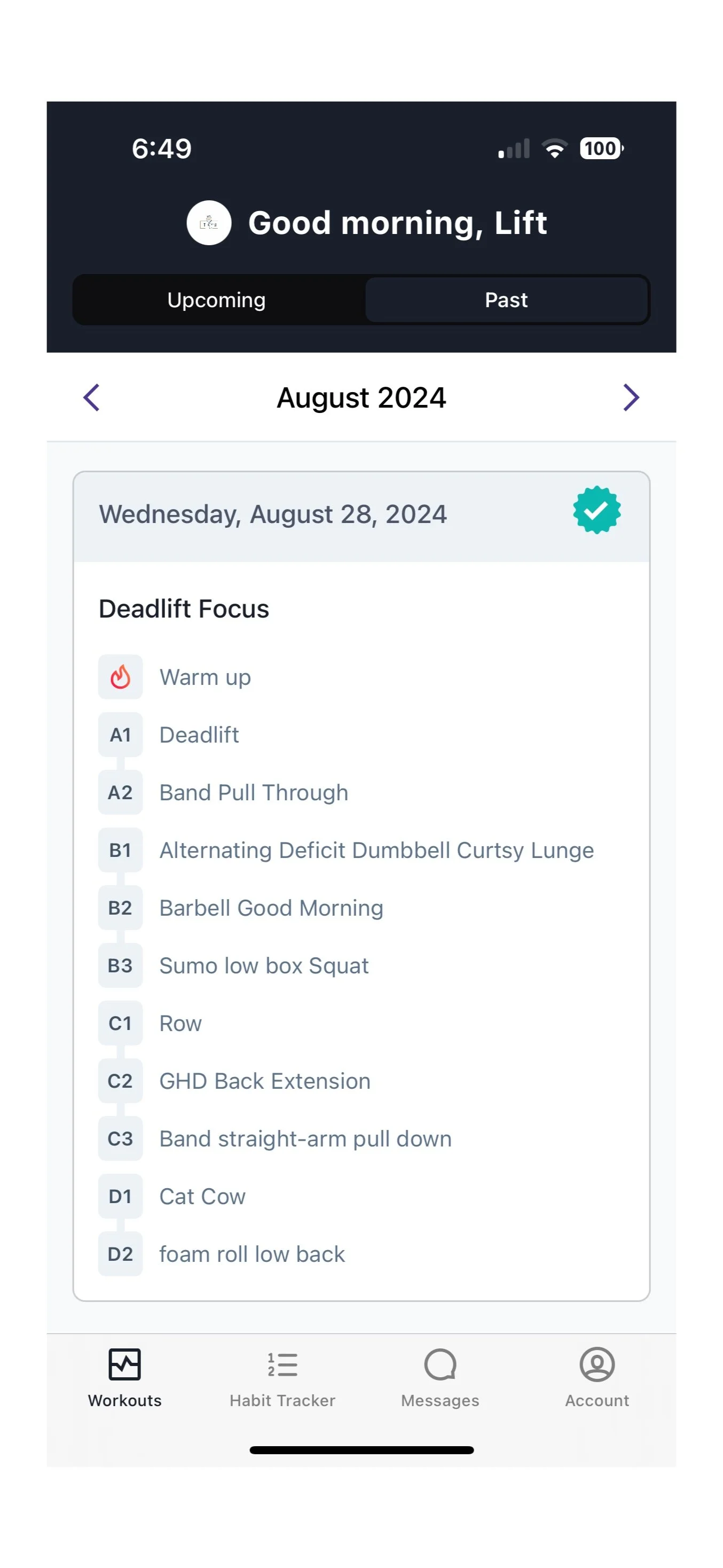 Screenshot of a workout app showing a scheduled deadlift workout plan for August 28, 2024, including warm-up, deadlift, band pull through, lunges, barbell workout, squats, rowing, back extension, pull-down, cow, and foam roll.