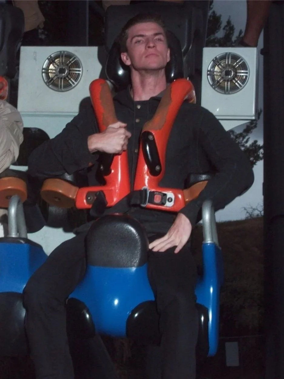An on-ride photo on the X2 roller coaster at Six Flags Magic Mountain.
