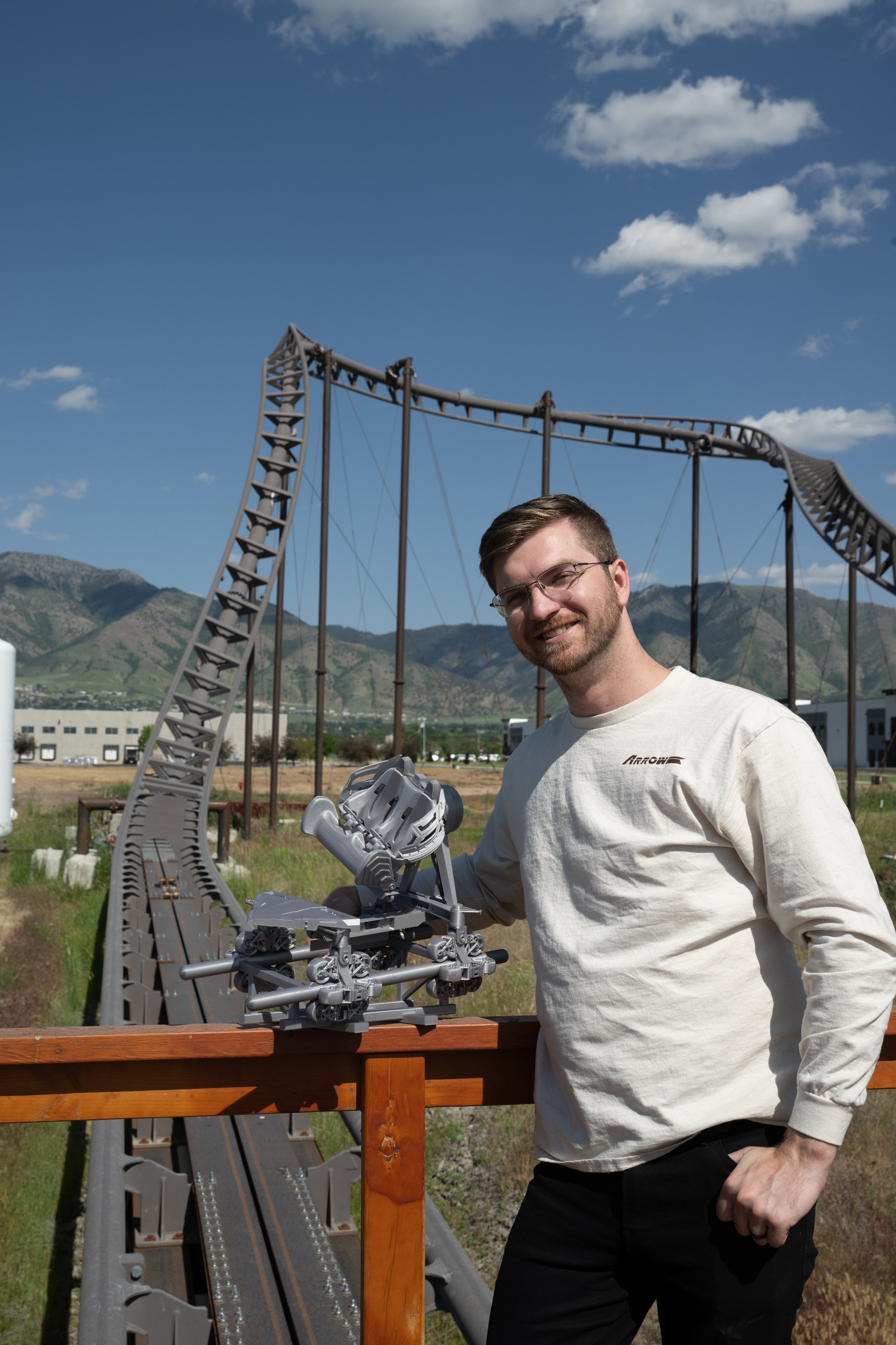 An image of a 3D printed model of the S&S AXIS coaster.