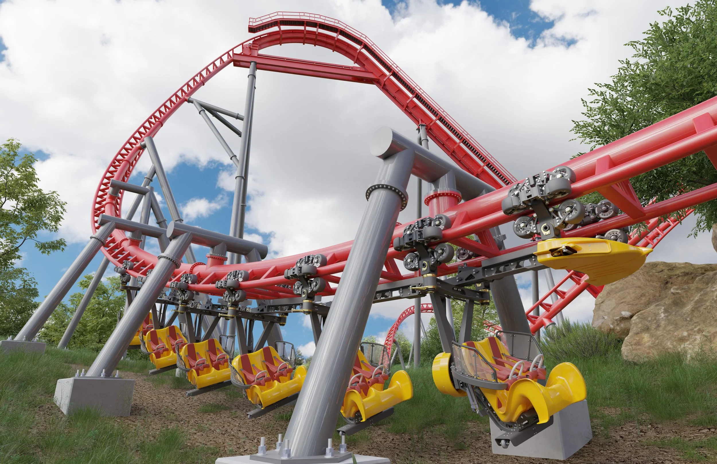 A rendering showcasing the unique first drop of an S&S AXIS coaster.
