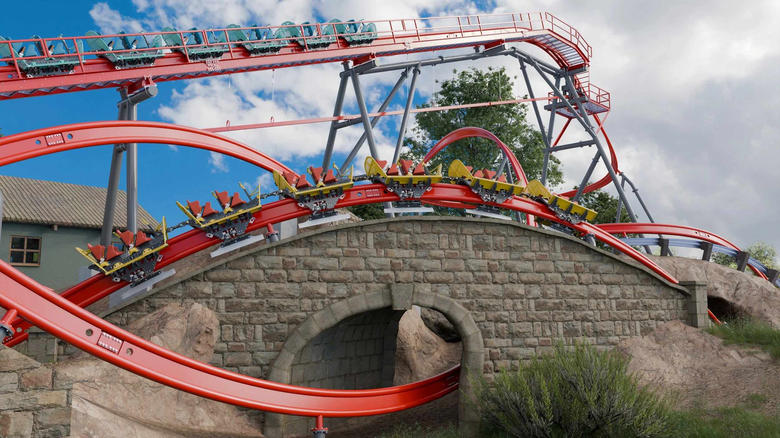 A rendering of the S&S RailRyder coaster traversing a bunny hop across a bridge and over other track.