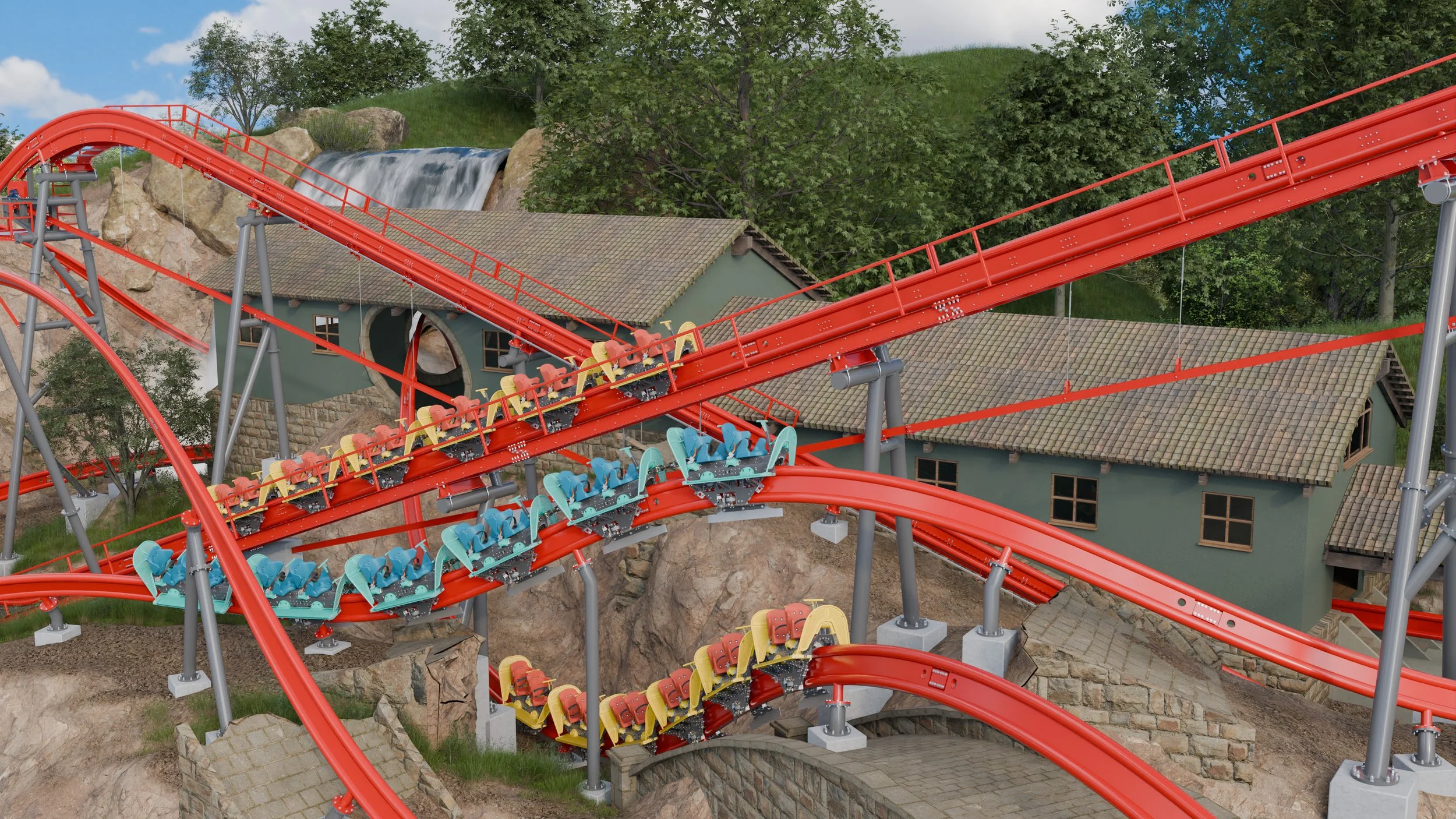 A rendering of the S&S RailRyder coaster racing/dueling with itself.