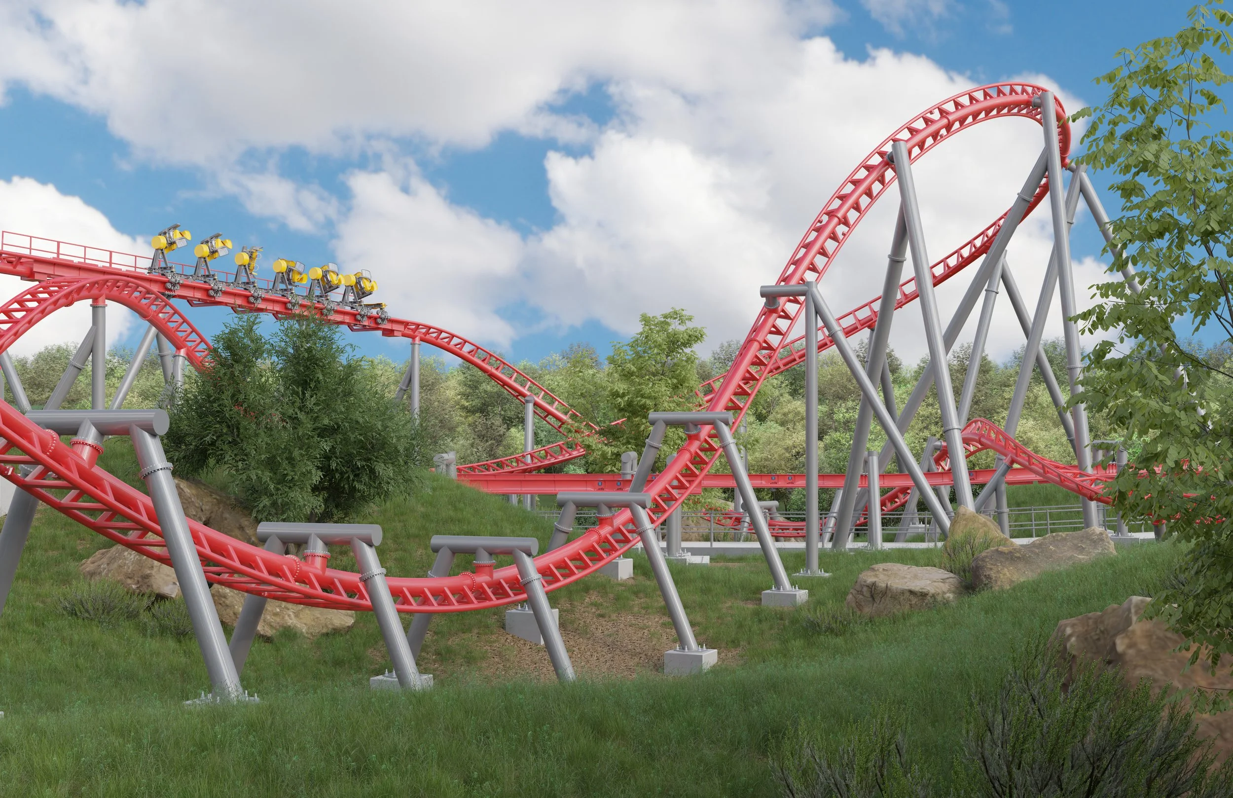 A rendering of the AXIS Roll element of the S&S AXIS coaster