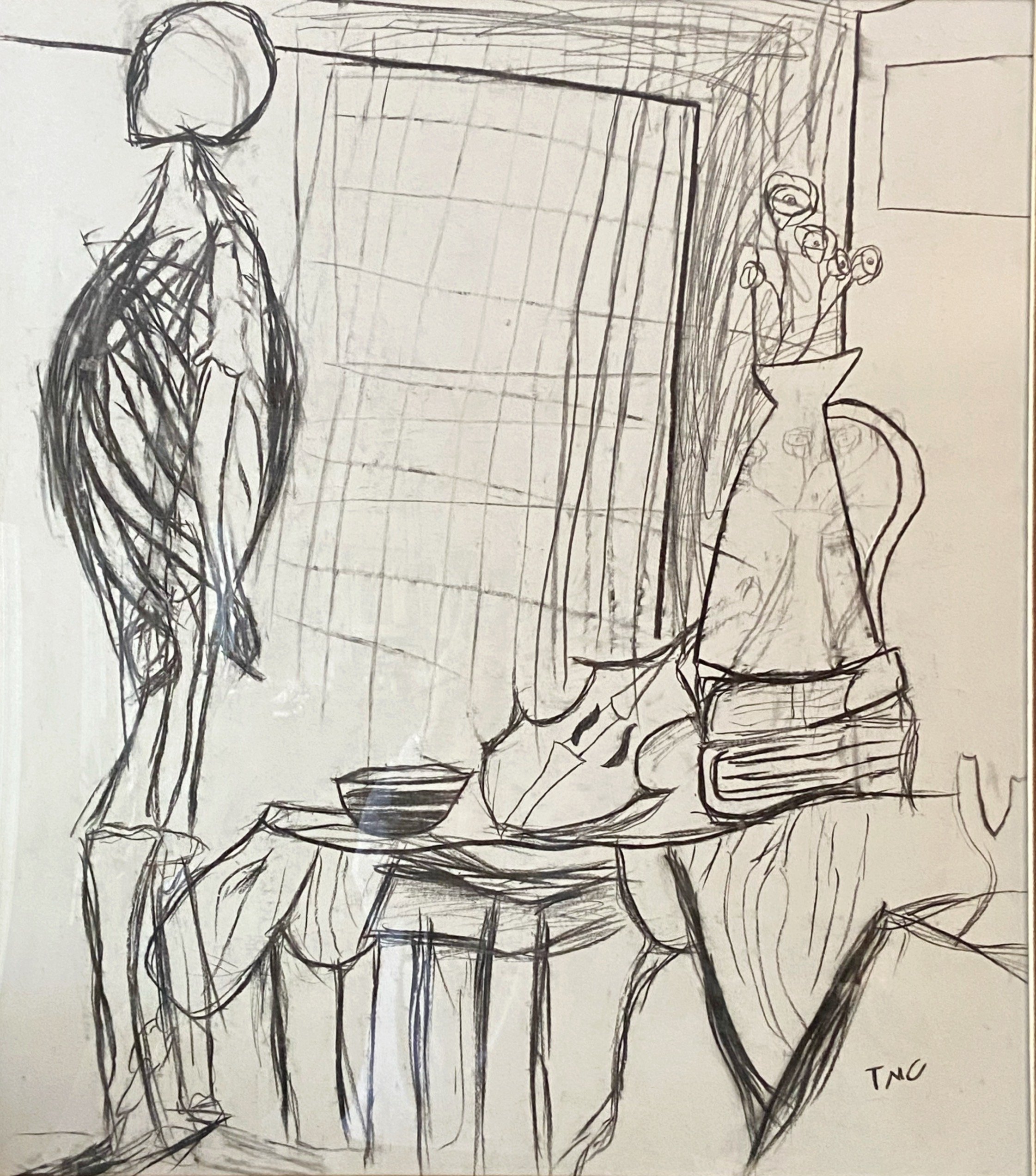 Skeleton, violin and vase | charcoal | 2014